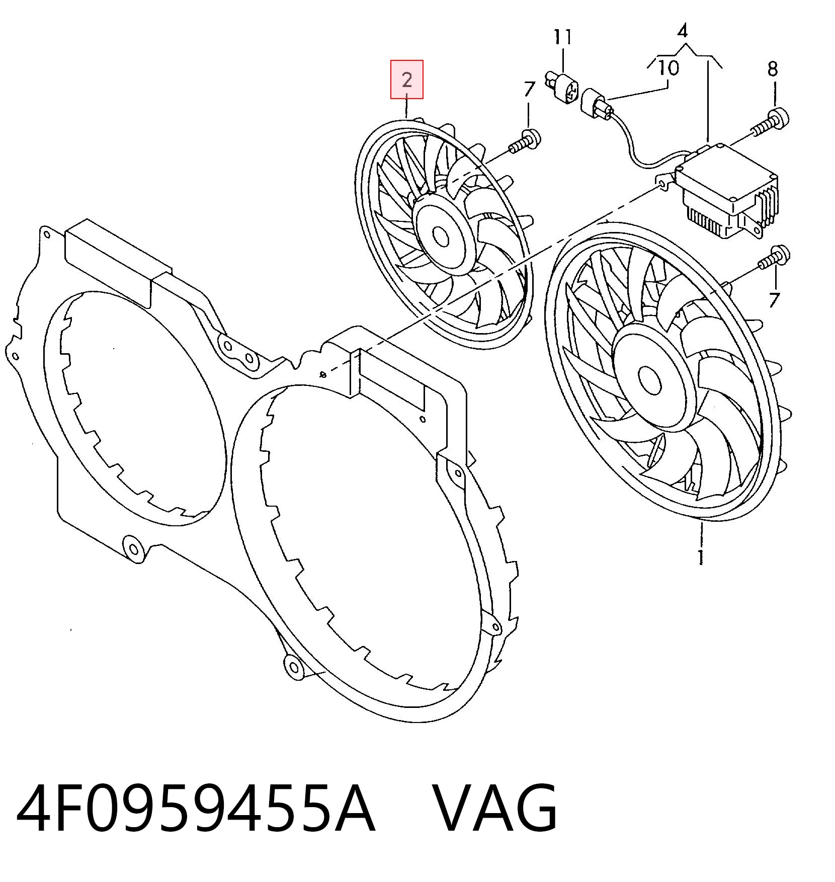 4F0959455A VAG Wentylator elektryczny układu chłodzenia, kompletny (silnik+wirnik) prawy