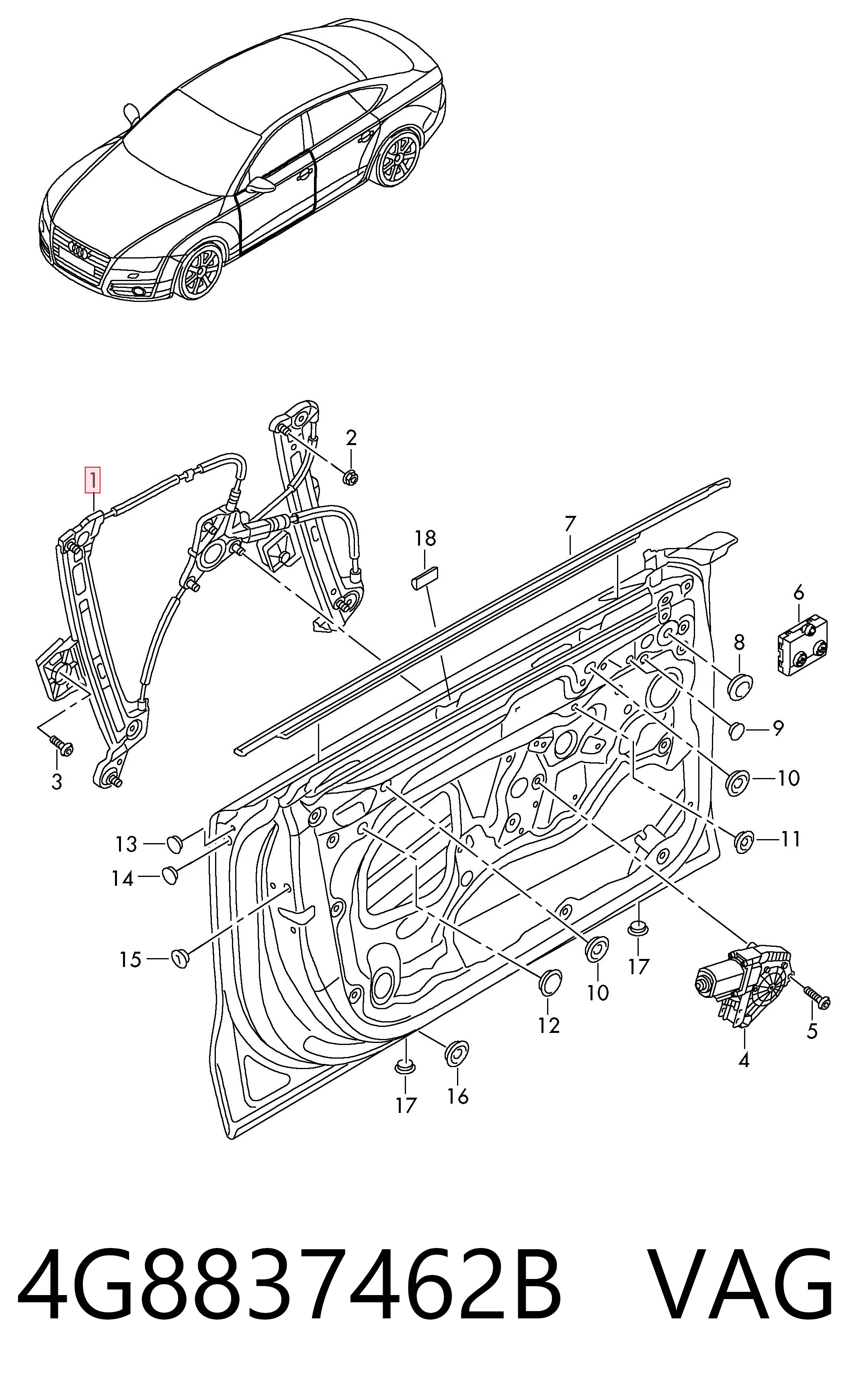 Mechanizm podnoszenia szyby drzwi przednich prawych do Audi A7 Sportback 4GA, 4GF