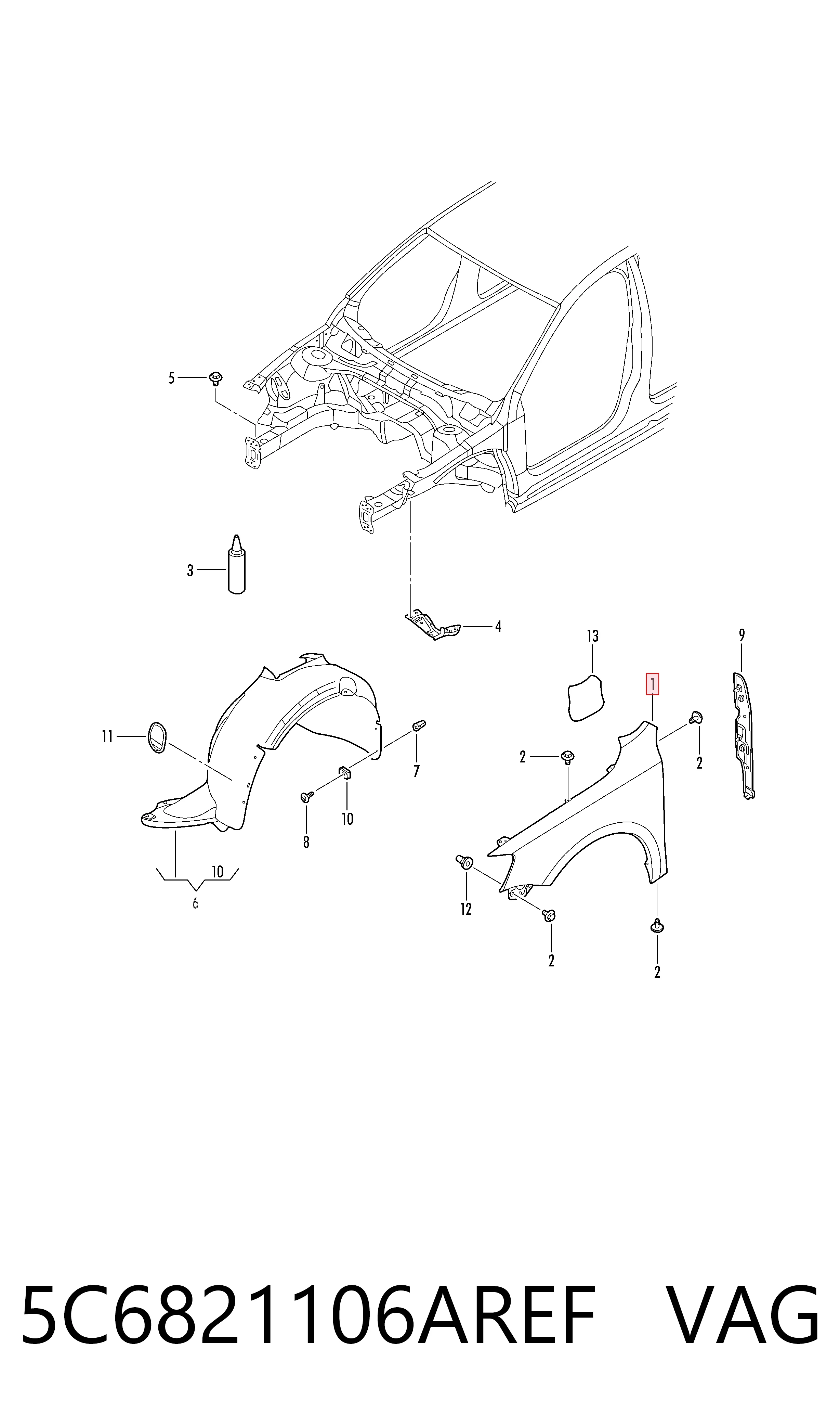 Do koszyka Błotnik przedni prawy Volkswagen Jetta VI 162, 163, AV3, AV2, AY2, AY3