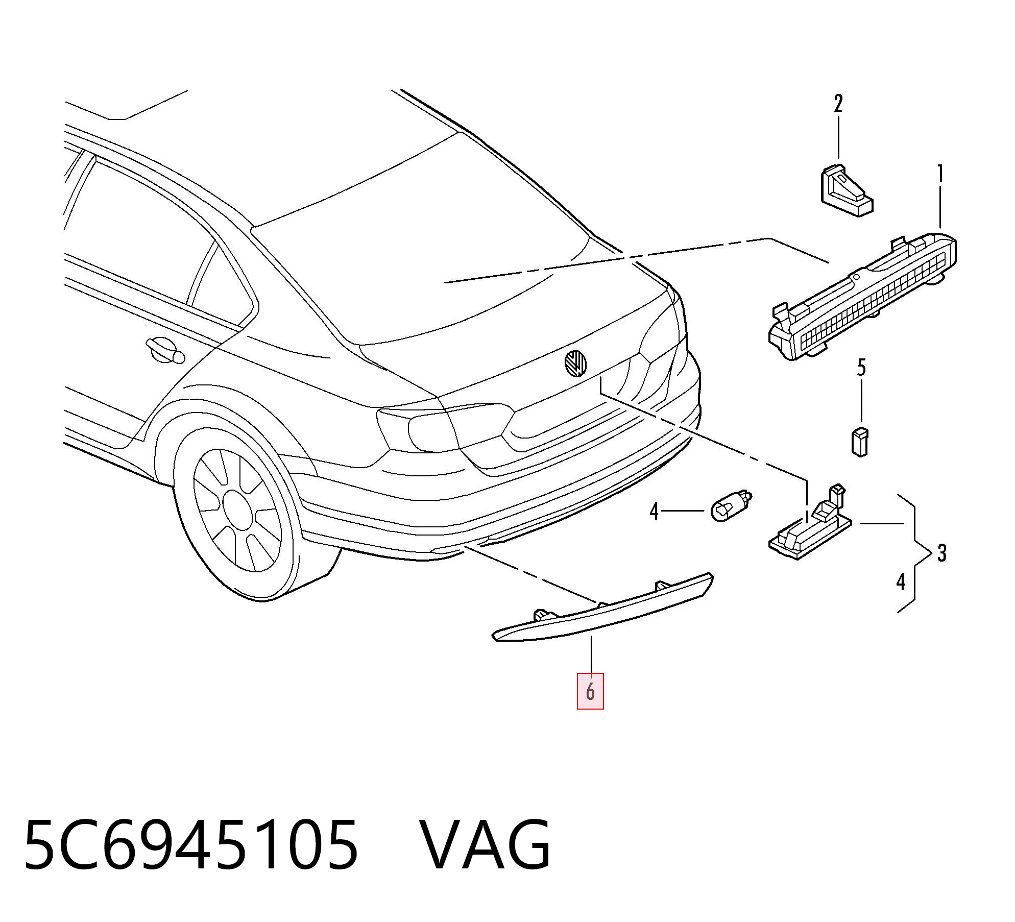 5C6945105 VAG Lampa odblaskowa zderzaka tylnego lewa