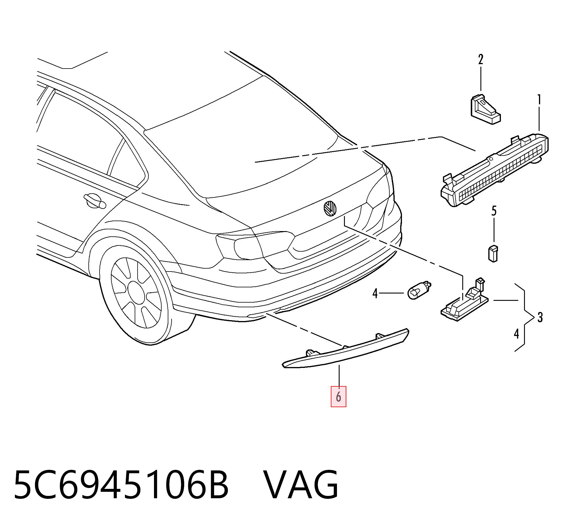 5C6945106B VAG Lampa odblaskowa zderzaka tylnego prawa
