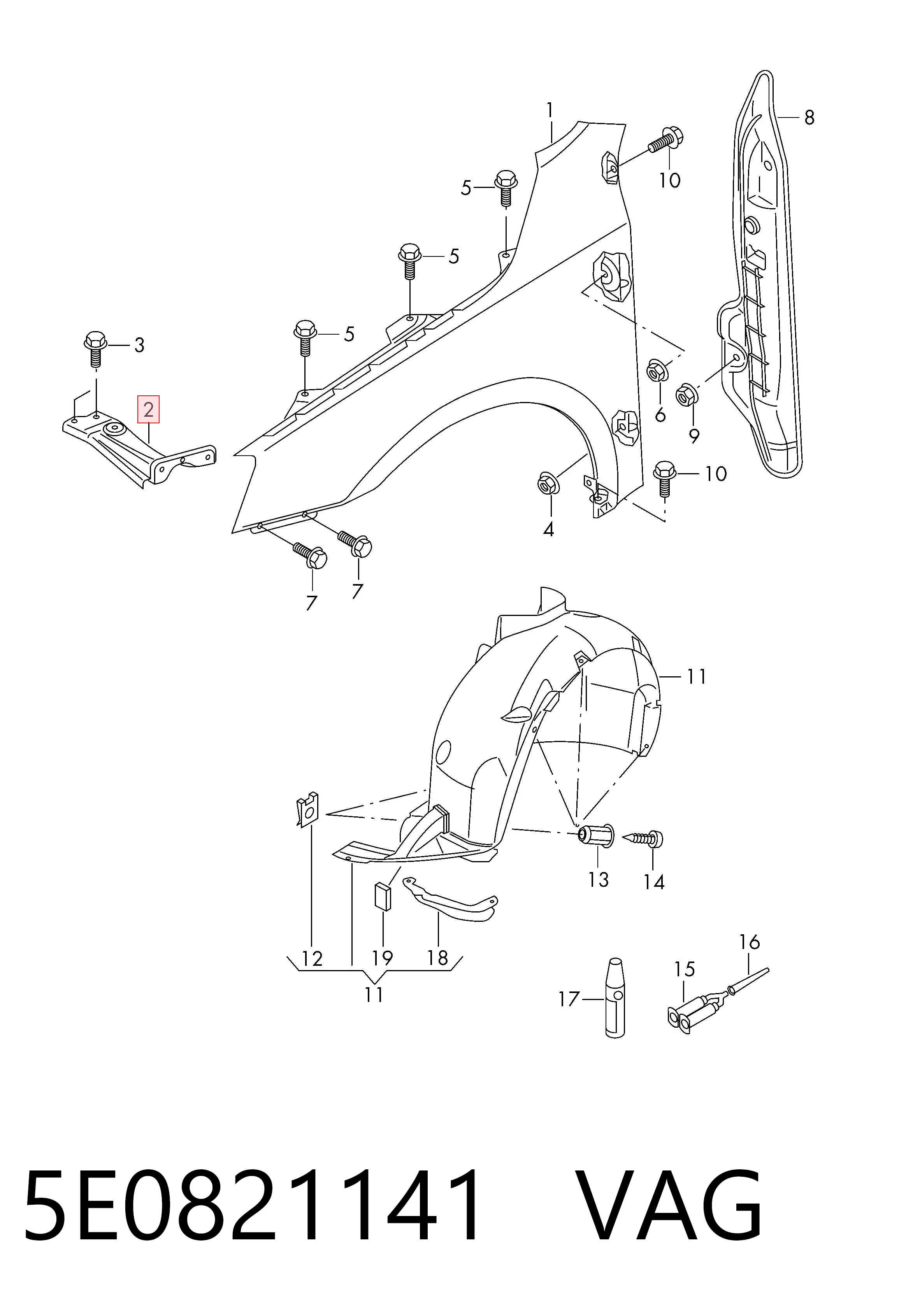 5E0821141 VAG Wspornik do mocowania błotnika przedniego lewy przedni