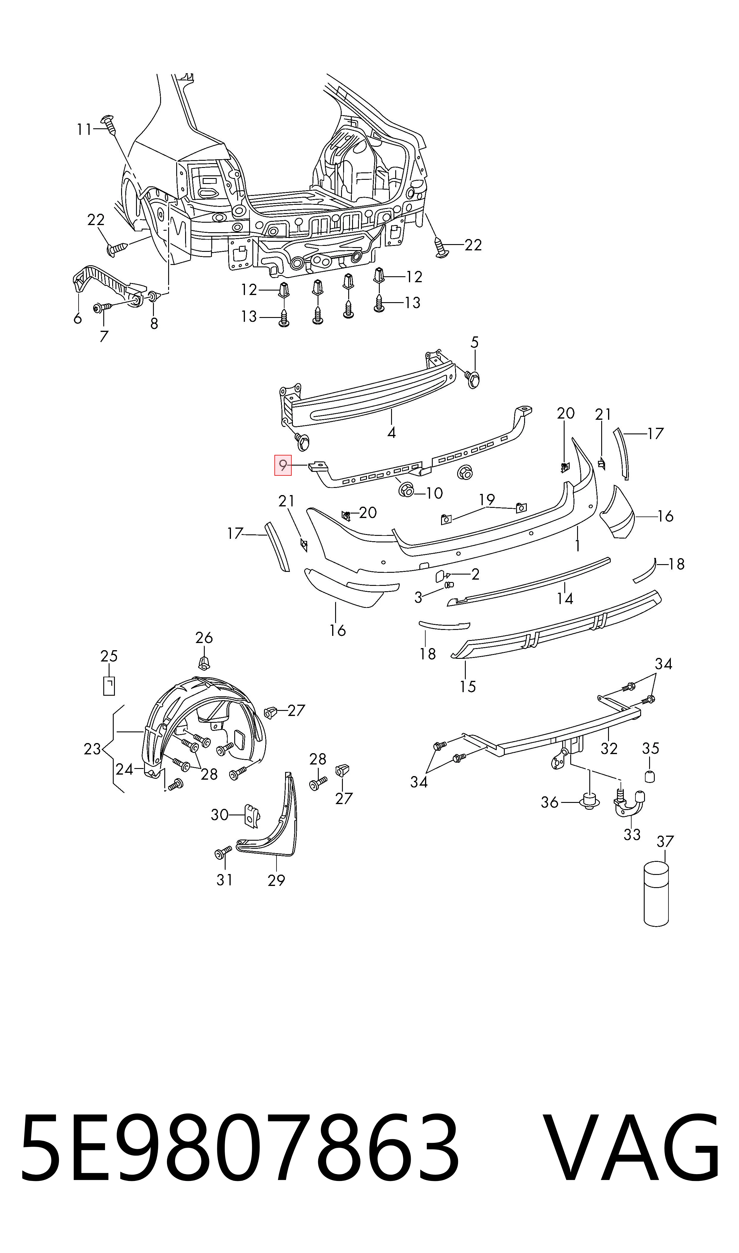 5E9807863 VAG Prowadnica zderzaka tylnego lewa
