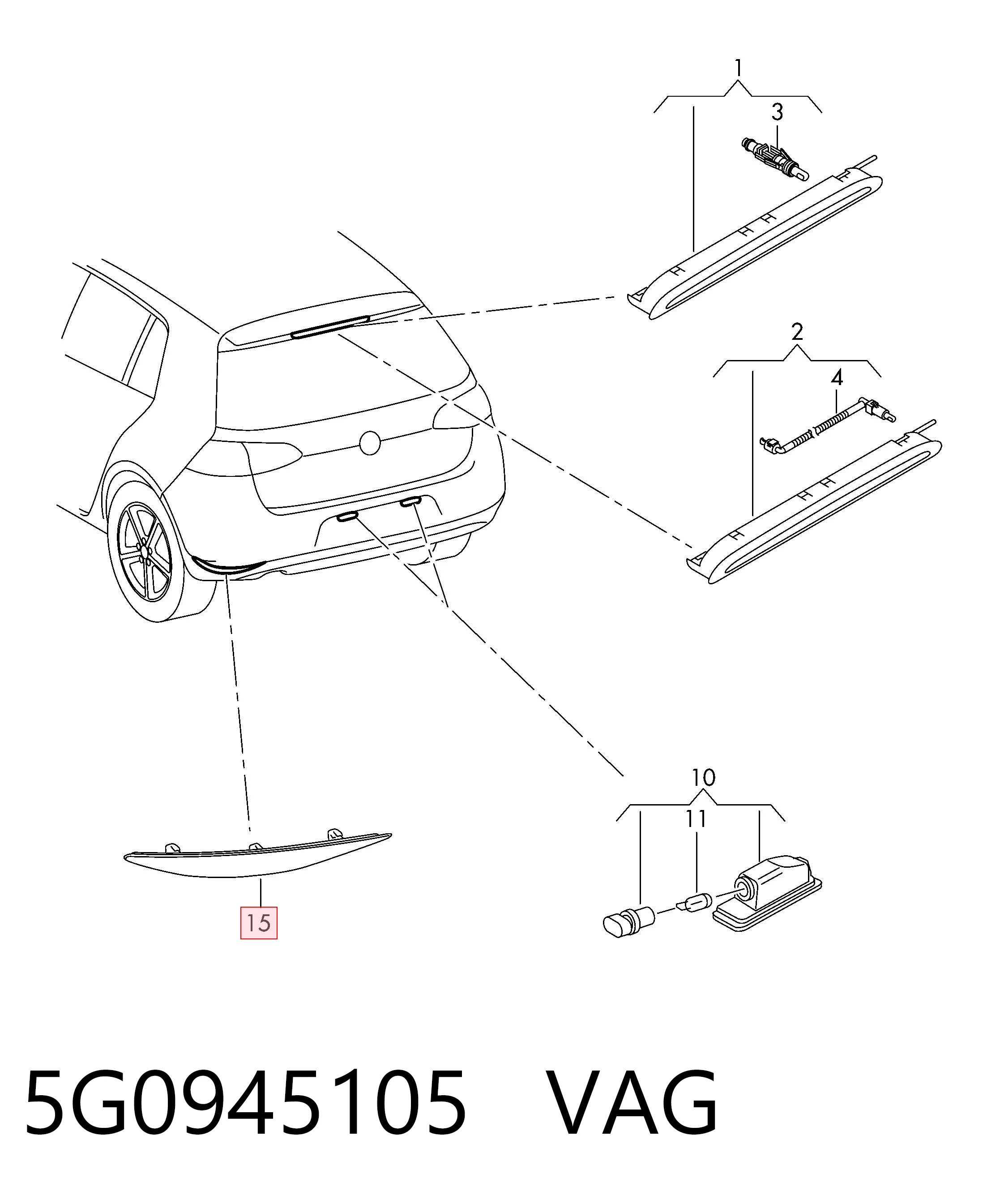 5G0945105 VAG Lampa odblaskowa zderzaka tylnego lewa