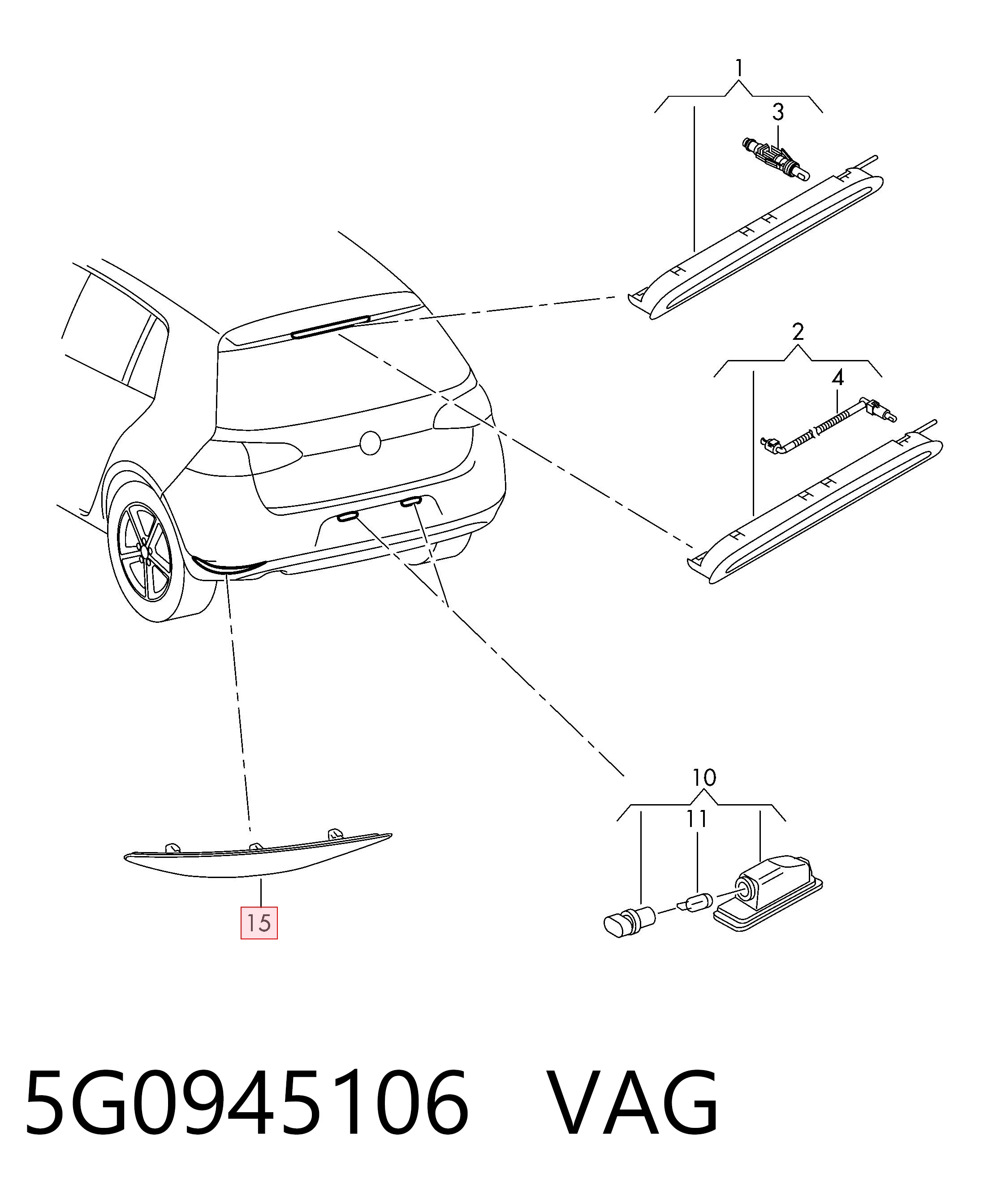 5G0945106 VAG Lampa odblaskowa zderzaka tylnego prawa