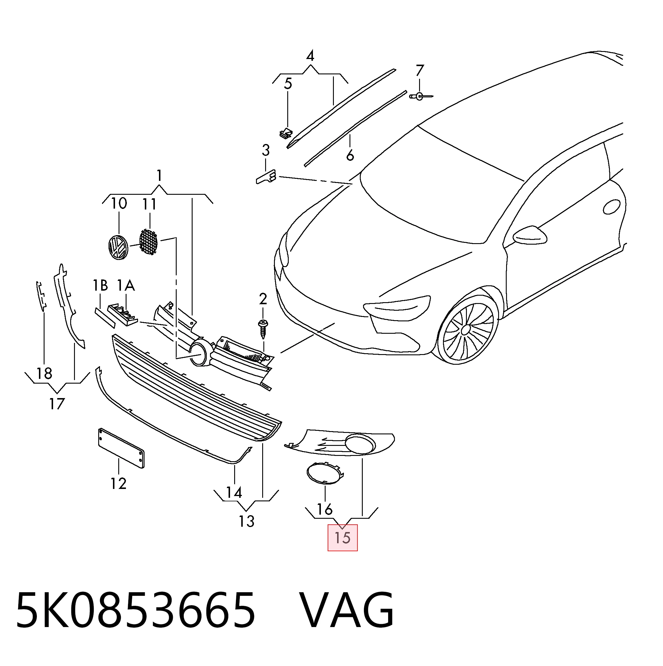 5K0853665 VAG Zaślepka (kratki) lamp przeciwmgielnych zderzaka przedniego lewa