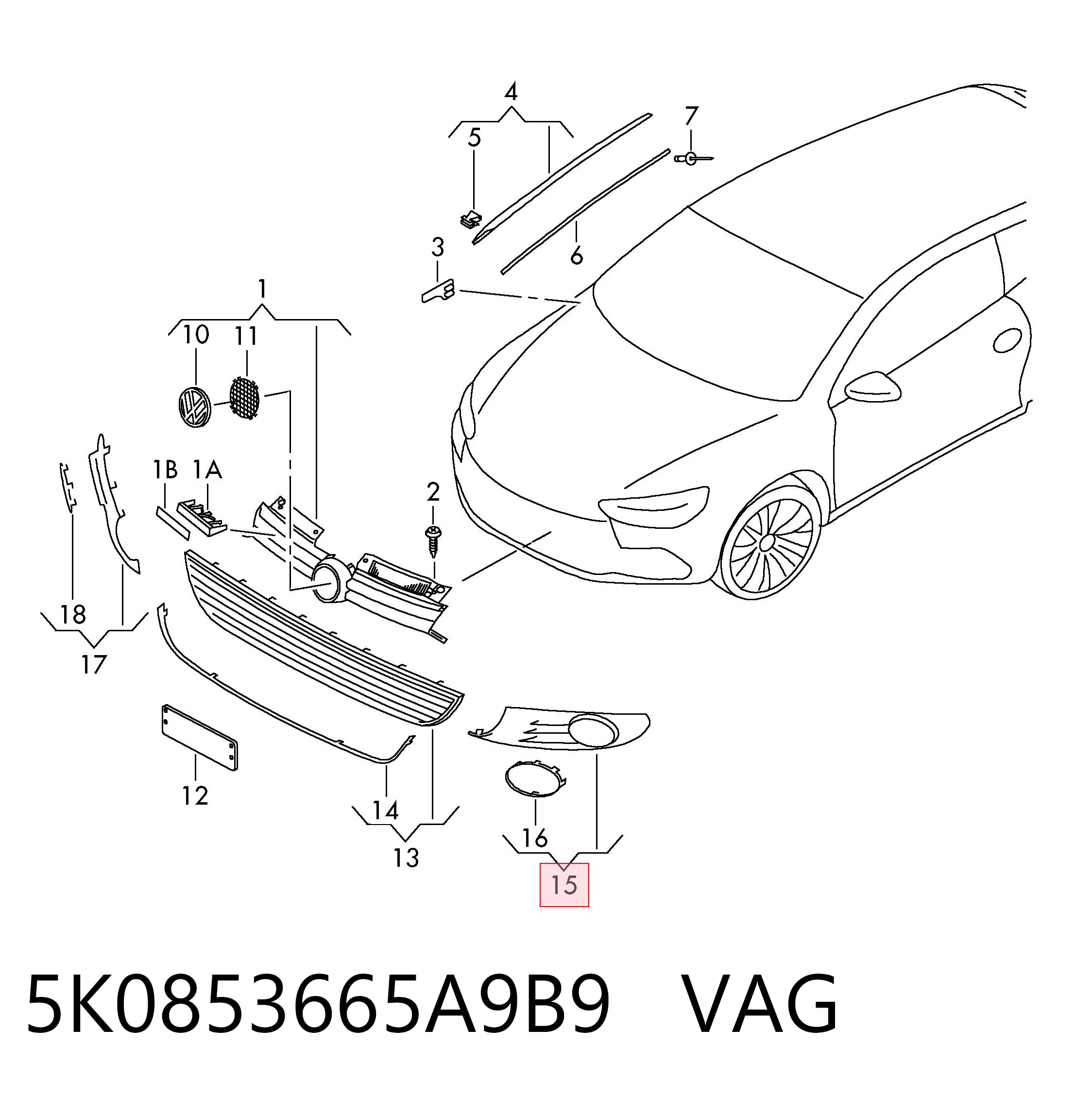 5K0853665A9B9 VAG Zaślepka (kratki) lamp przeciwmgielnych zderzaka przedniego lewa