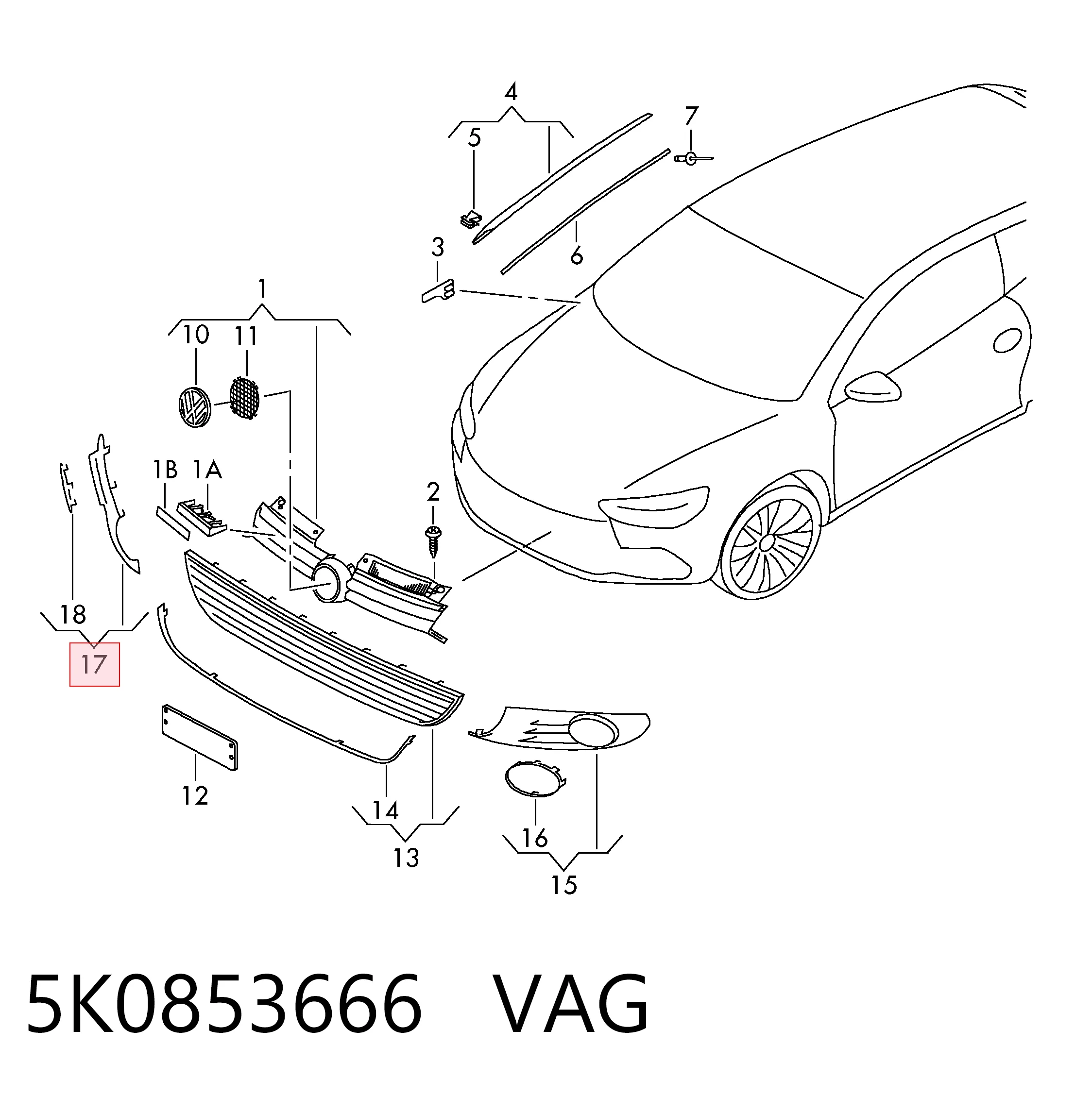 5K0853666 VAG Zaślepka (kratka) lamp przeciwmgielnych zderzaka przedniego prawa