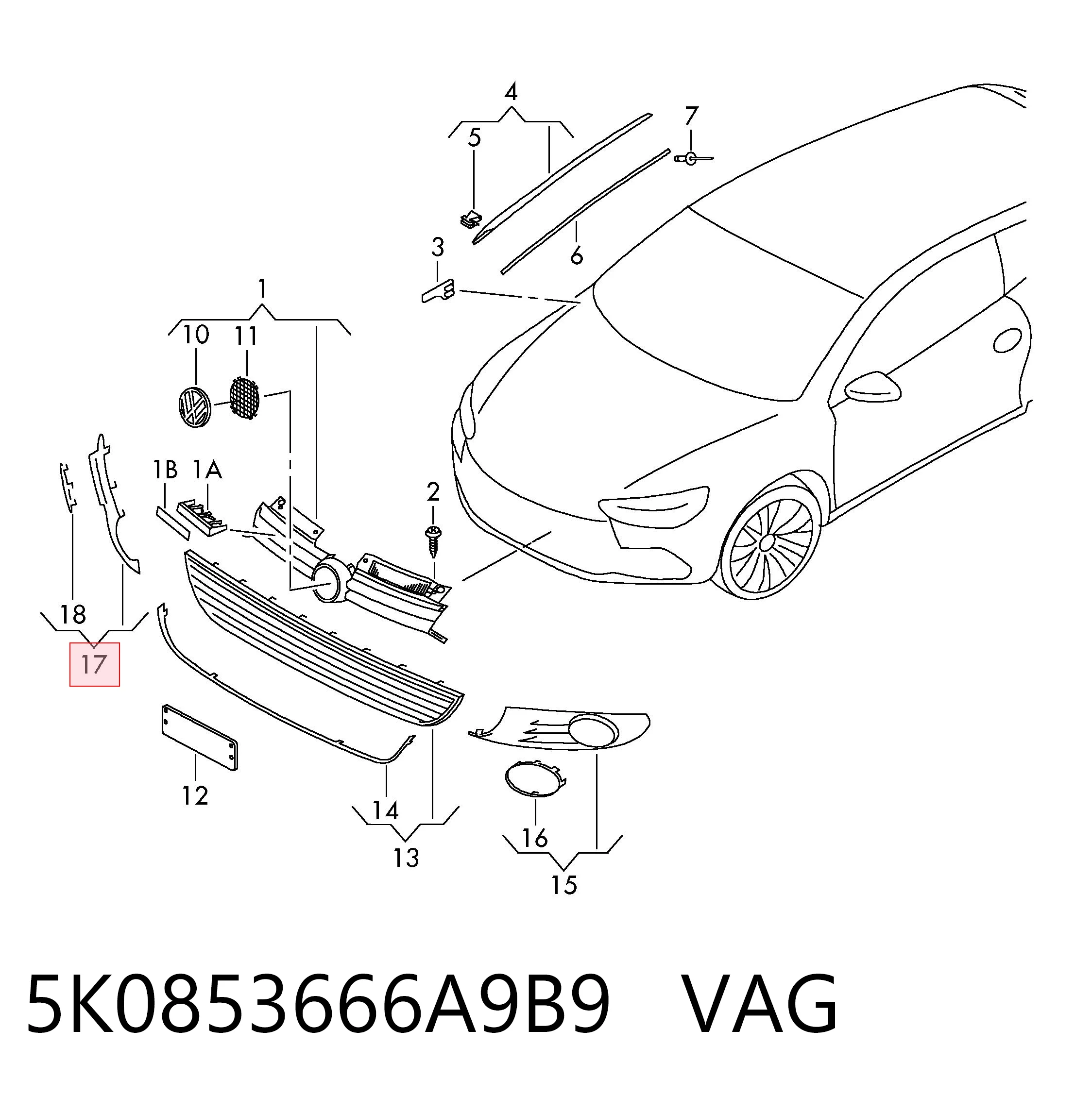 5K0853666A9B9 VAG Zaślepka (kratka) lamp przeciwmgielnych zderzaka przedniego prawa