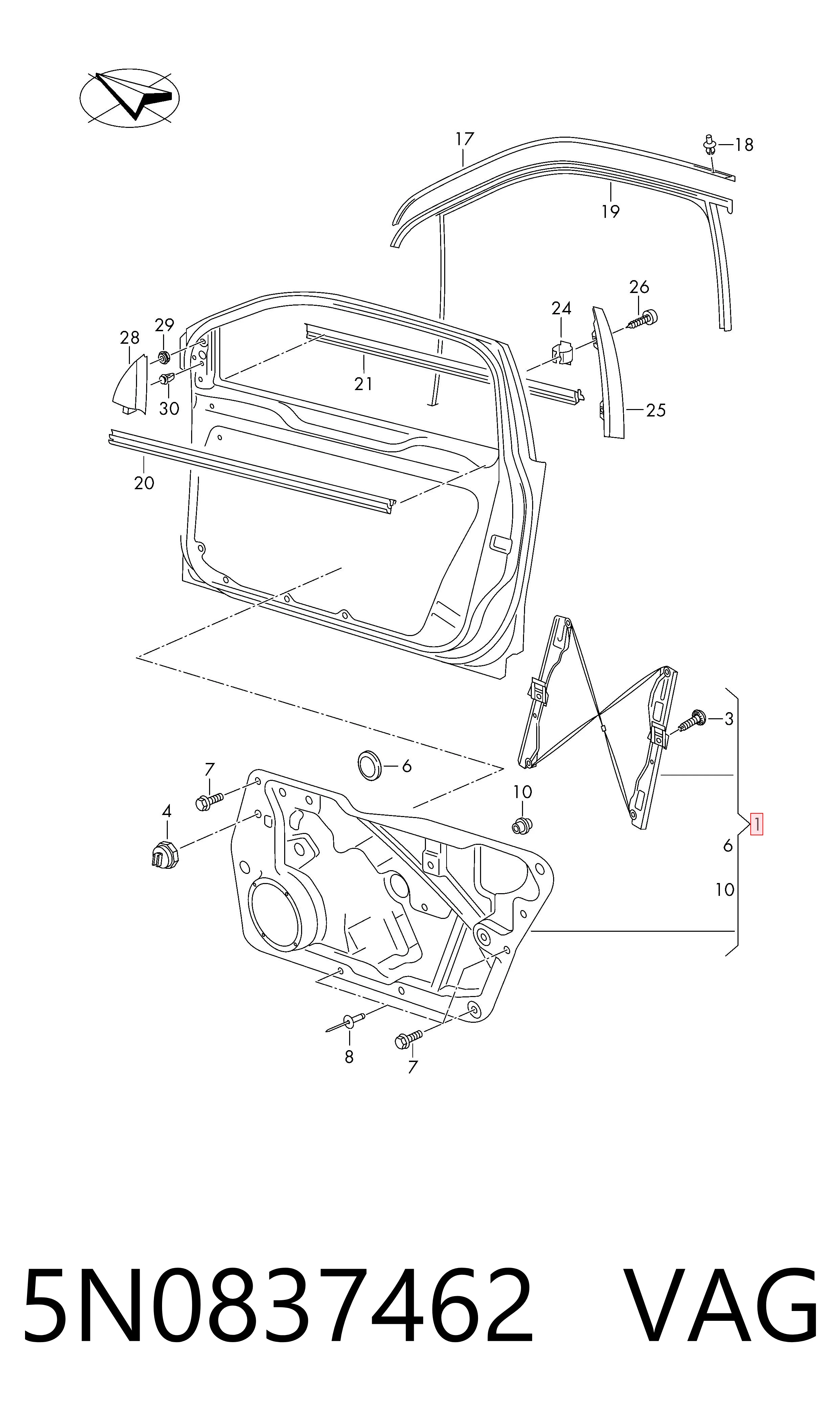 Do koszyka Mechanizm podnoszenia szyby drzwi przednich prawych Volkswagen Tiguan II AD1, AX1, BT1, BT2