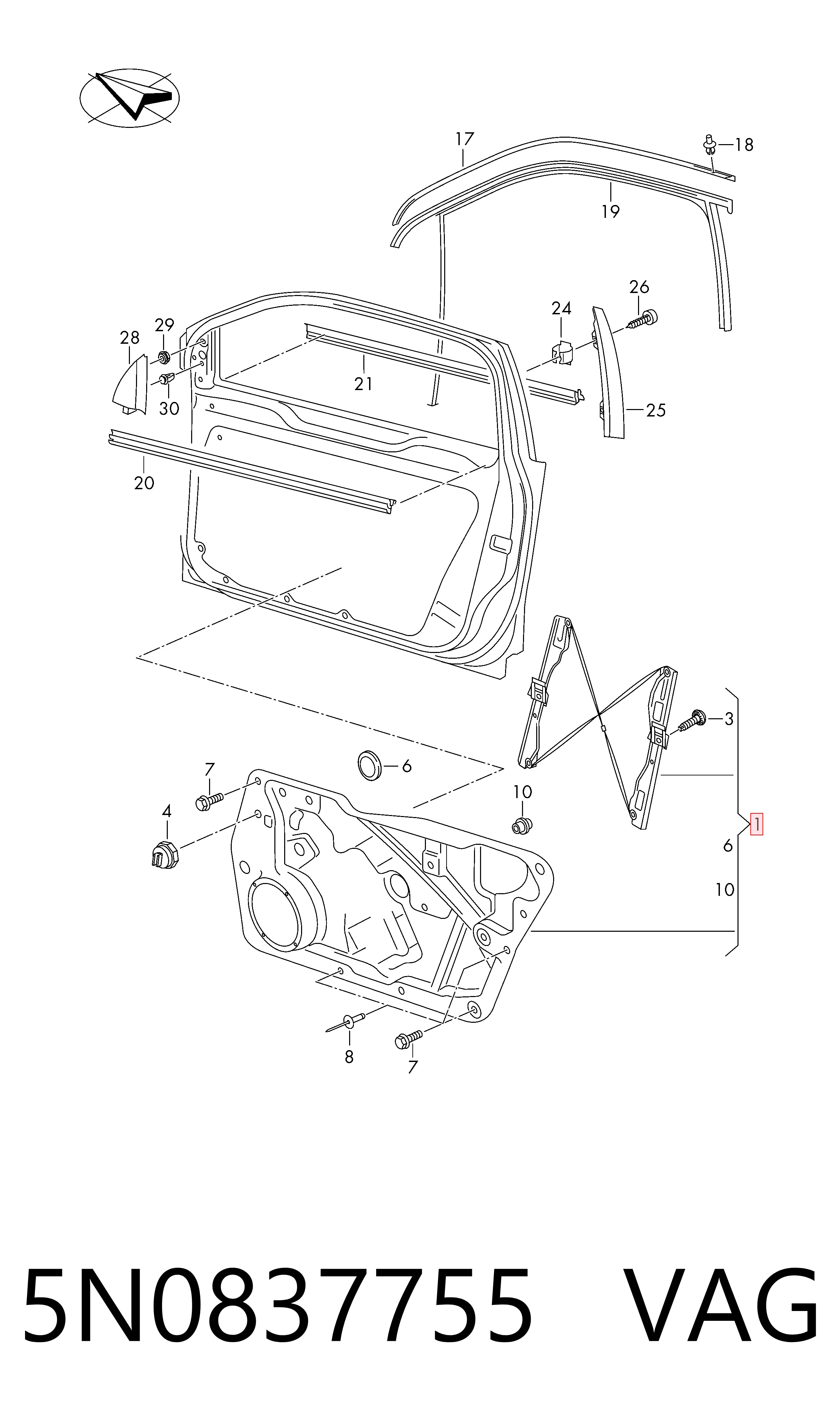 Mechanizm podnoszenia szyby drzwi przednich lewych Volkswagen Tiguan I