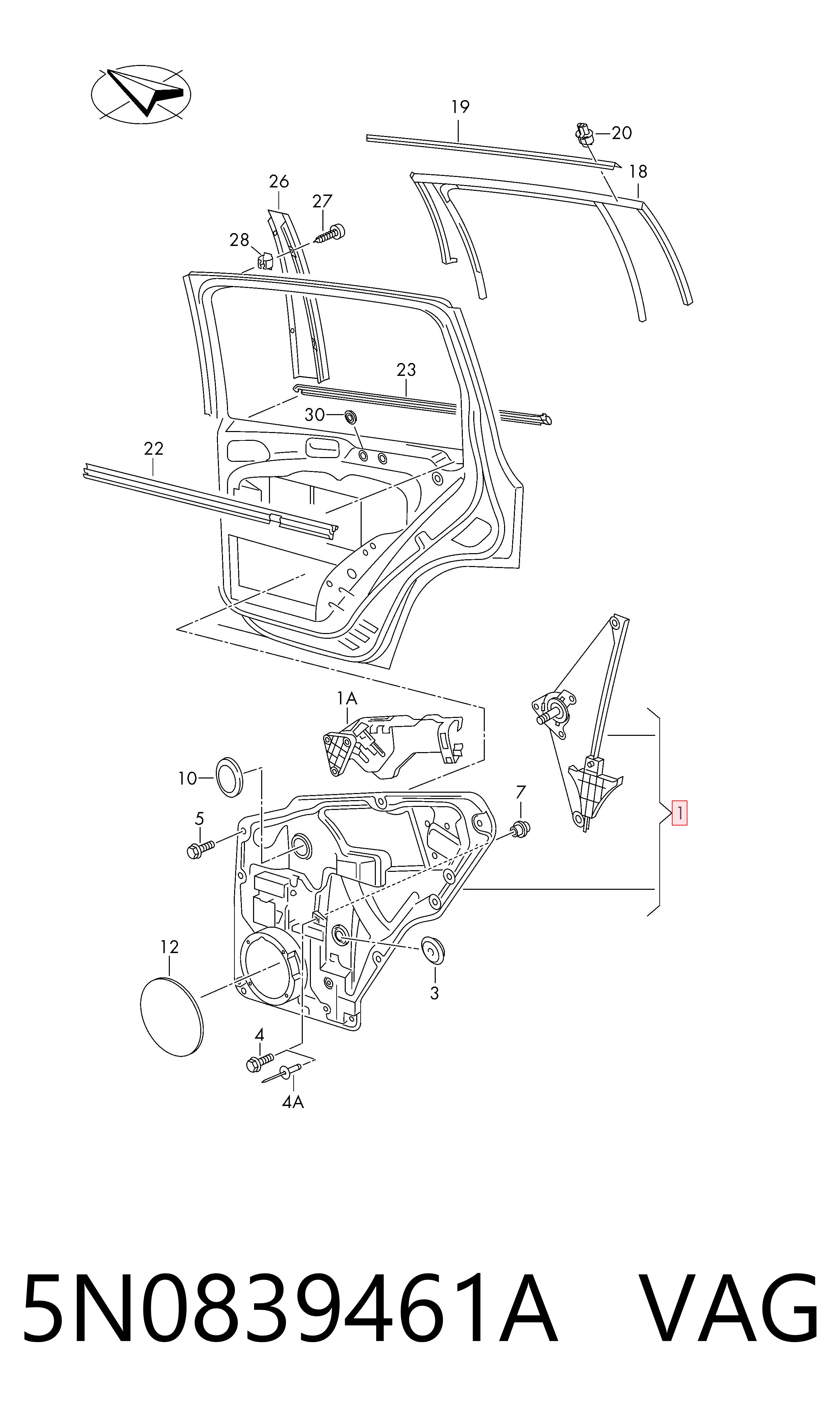 5N0839461A VAG Mechanizm podnoszenia szyby drzwi tylnych lewych