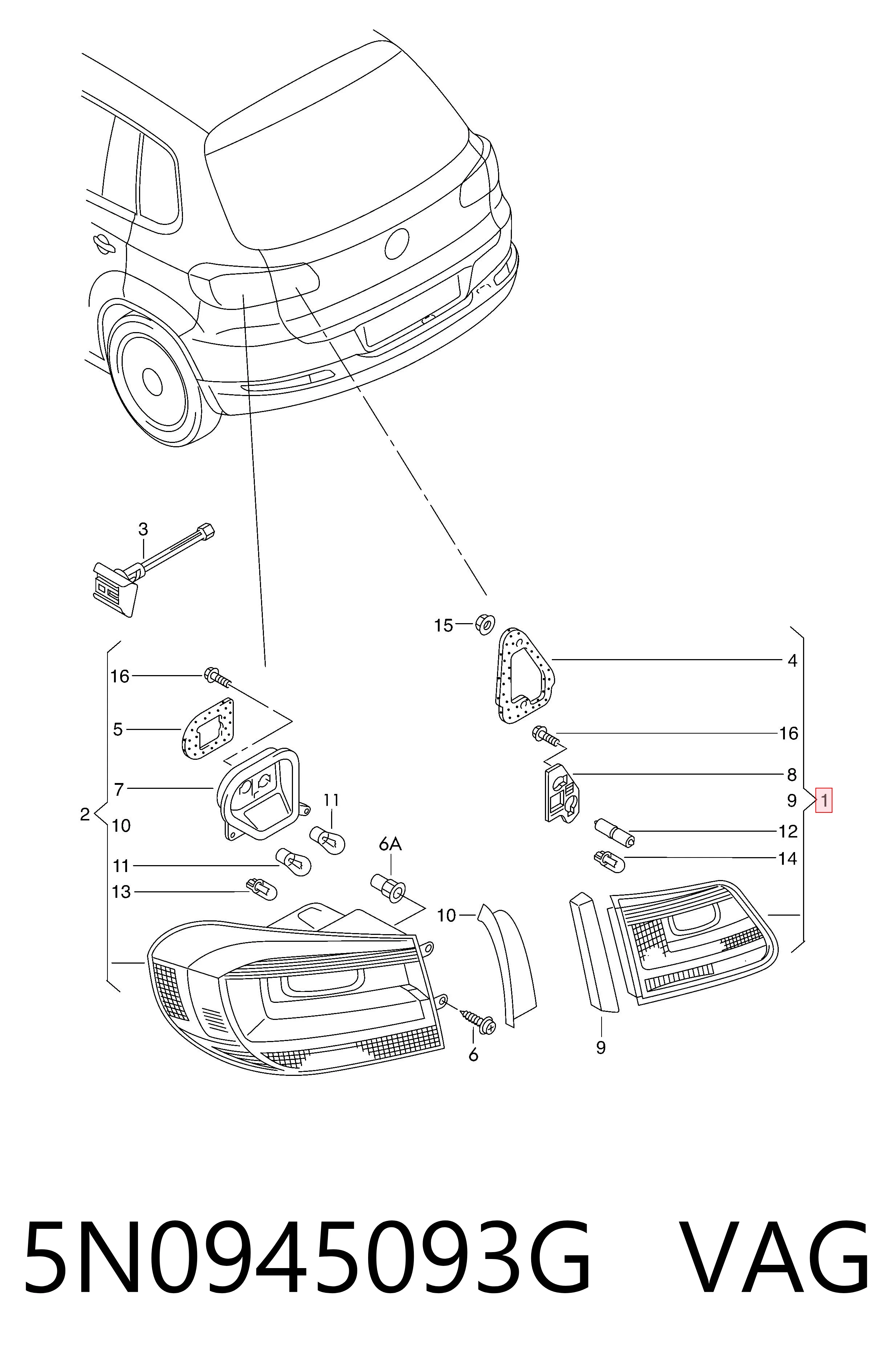 5N0945093G VAG Lampa zespolona tylna lewa wewnętrzna