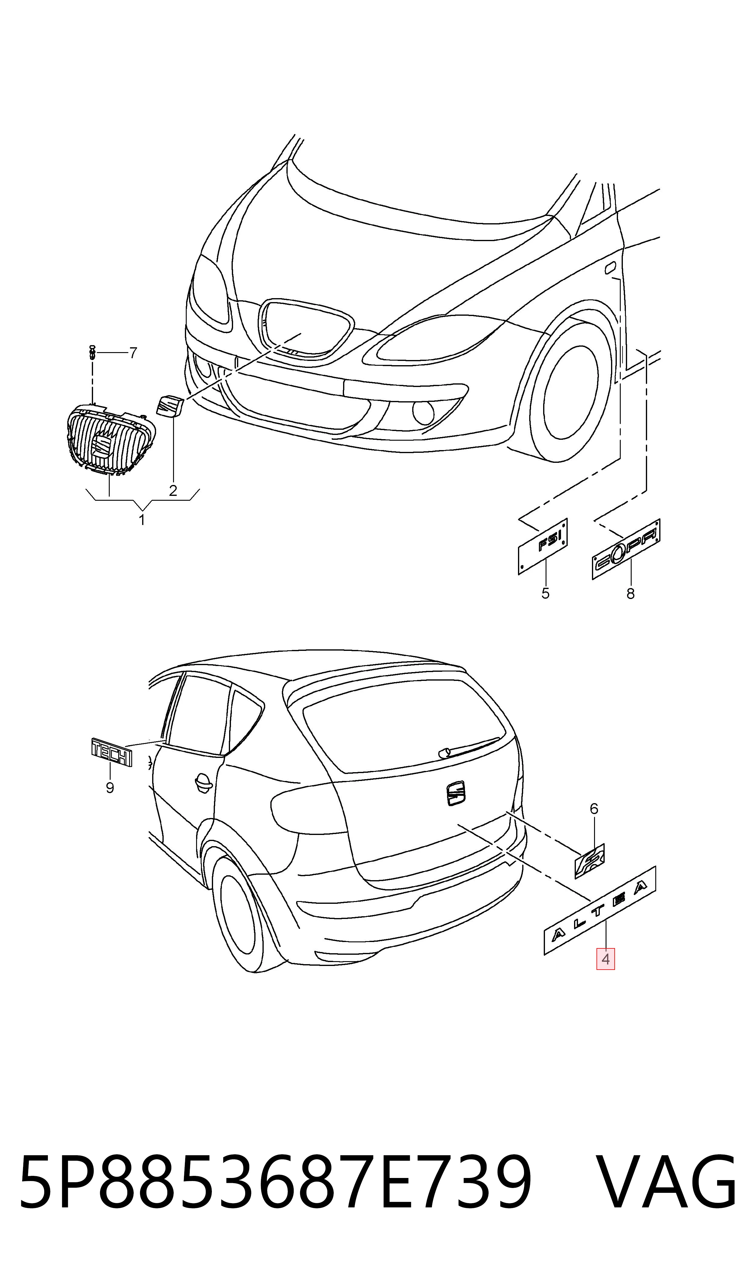 Emblemat na klapę bagaznika (znaczek firmowy) do Seat Altea 5P5, 5P8