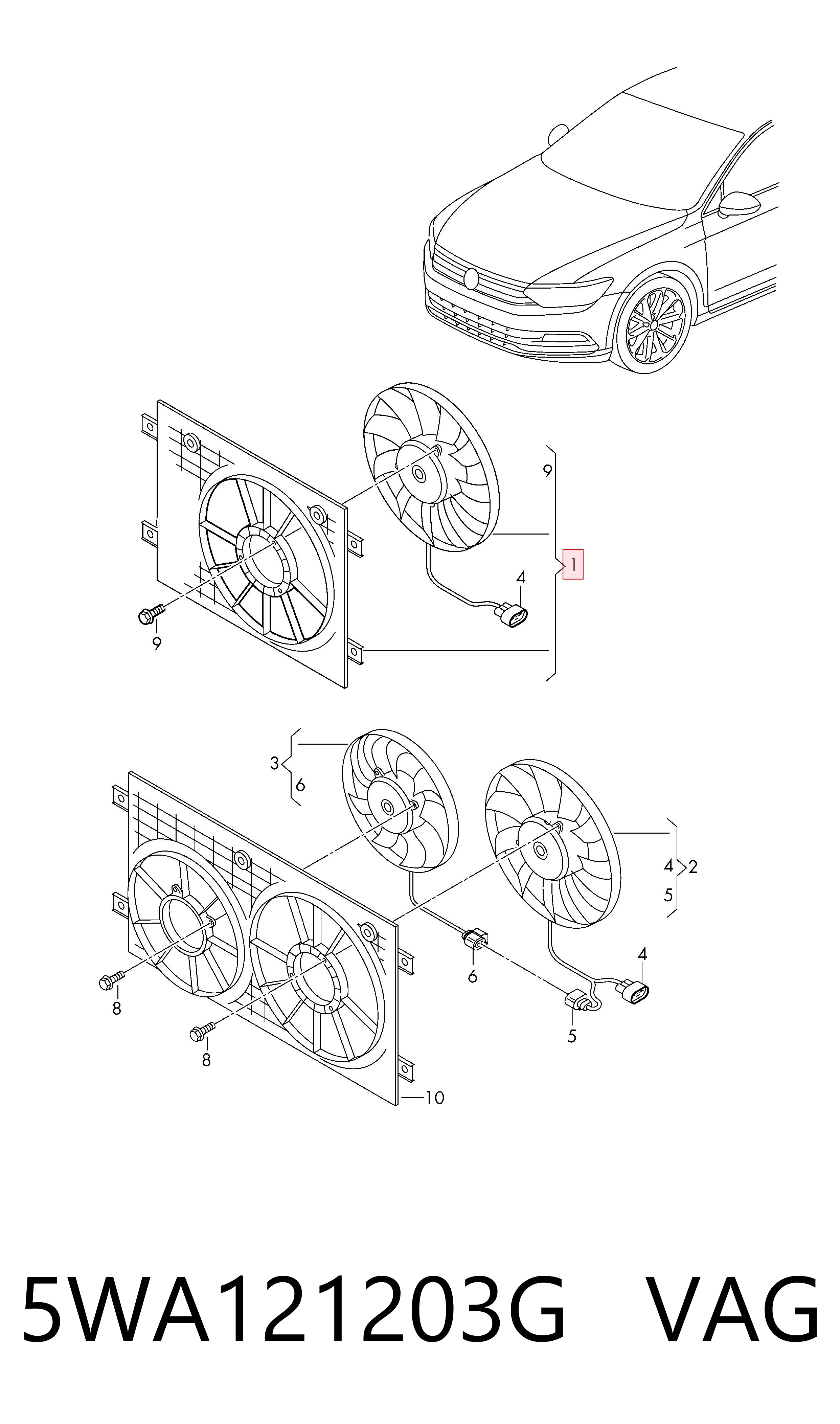 5WA121203G VAG Dyfuzor chłodnicy, w komplecie z silnikiem i wirnikiem
