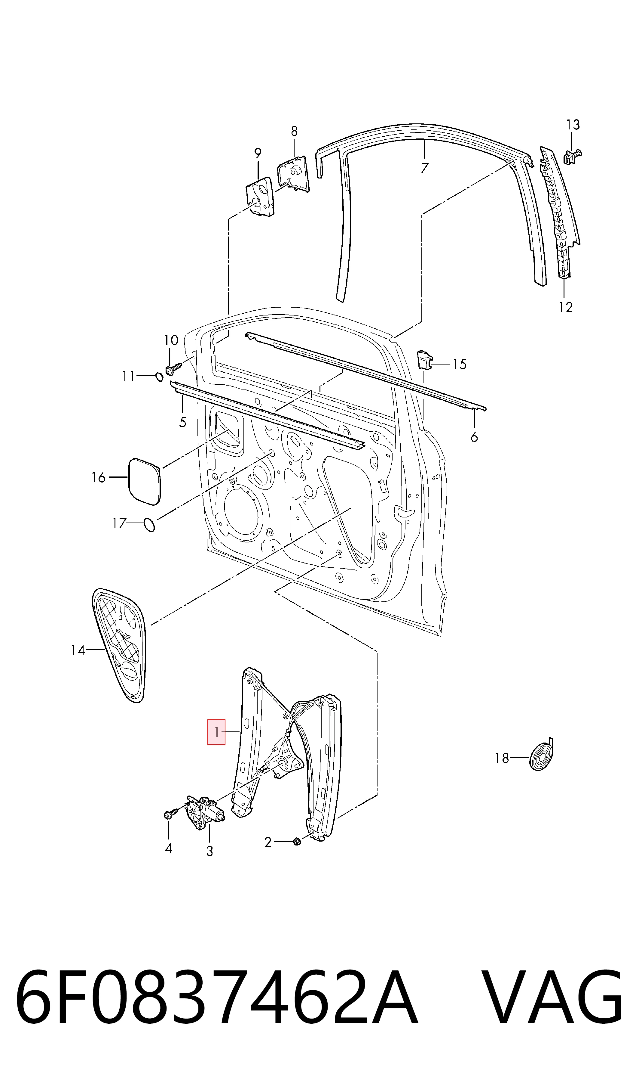 Mechanizm podnoszenia szyby drzwi przednich prawych do Seat Ibiza V KJ1, KJG