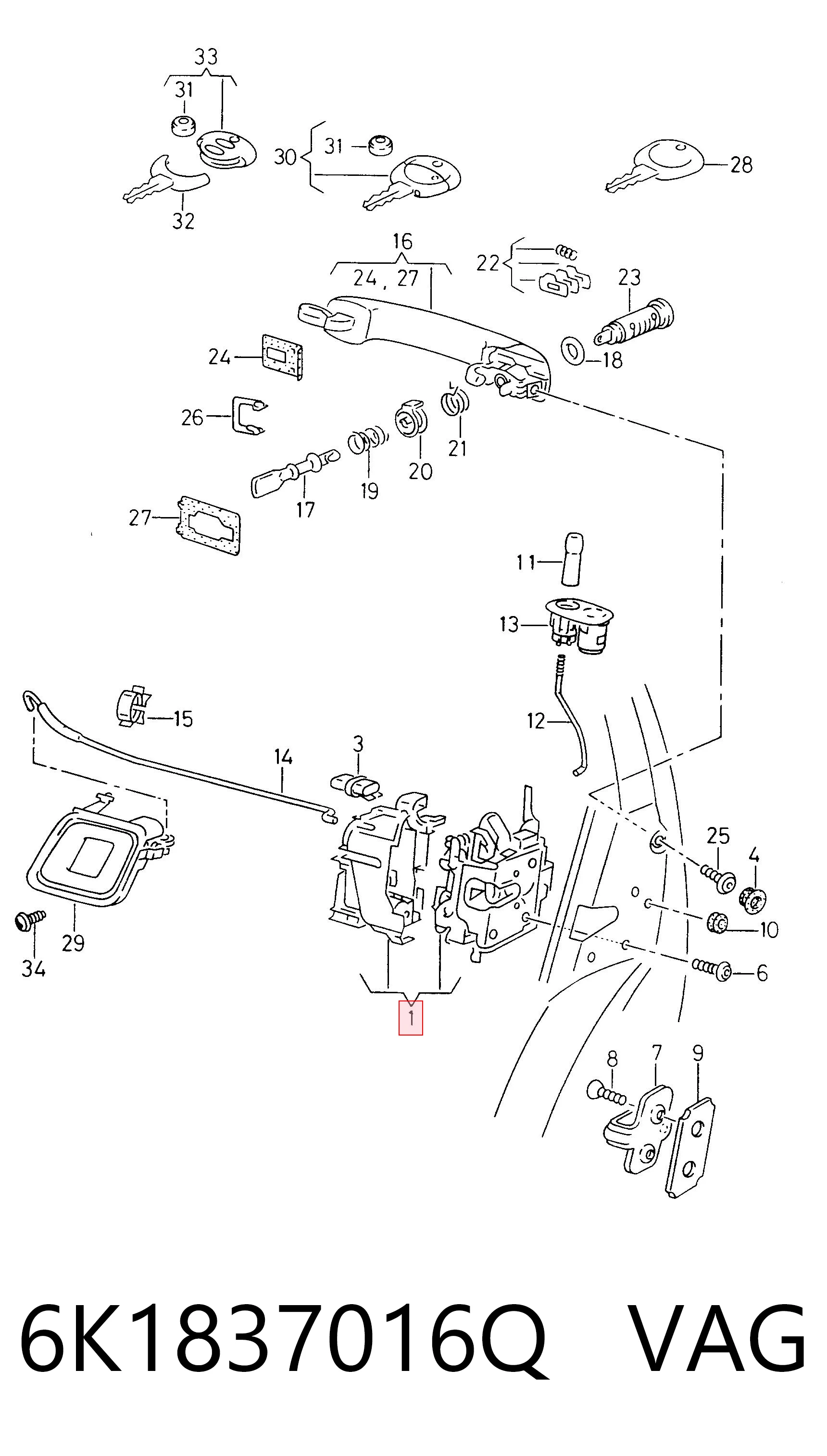 Zamek drzwi przednich prawych do Volkswagen Caddy II 9K9