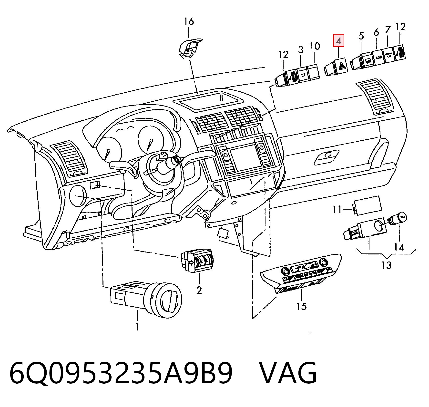 Przycisk włączania światła awaryjnego do Volkswagen Polo IV 9N, 9A