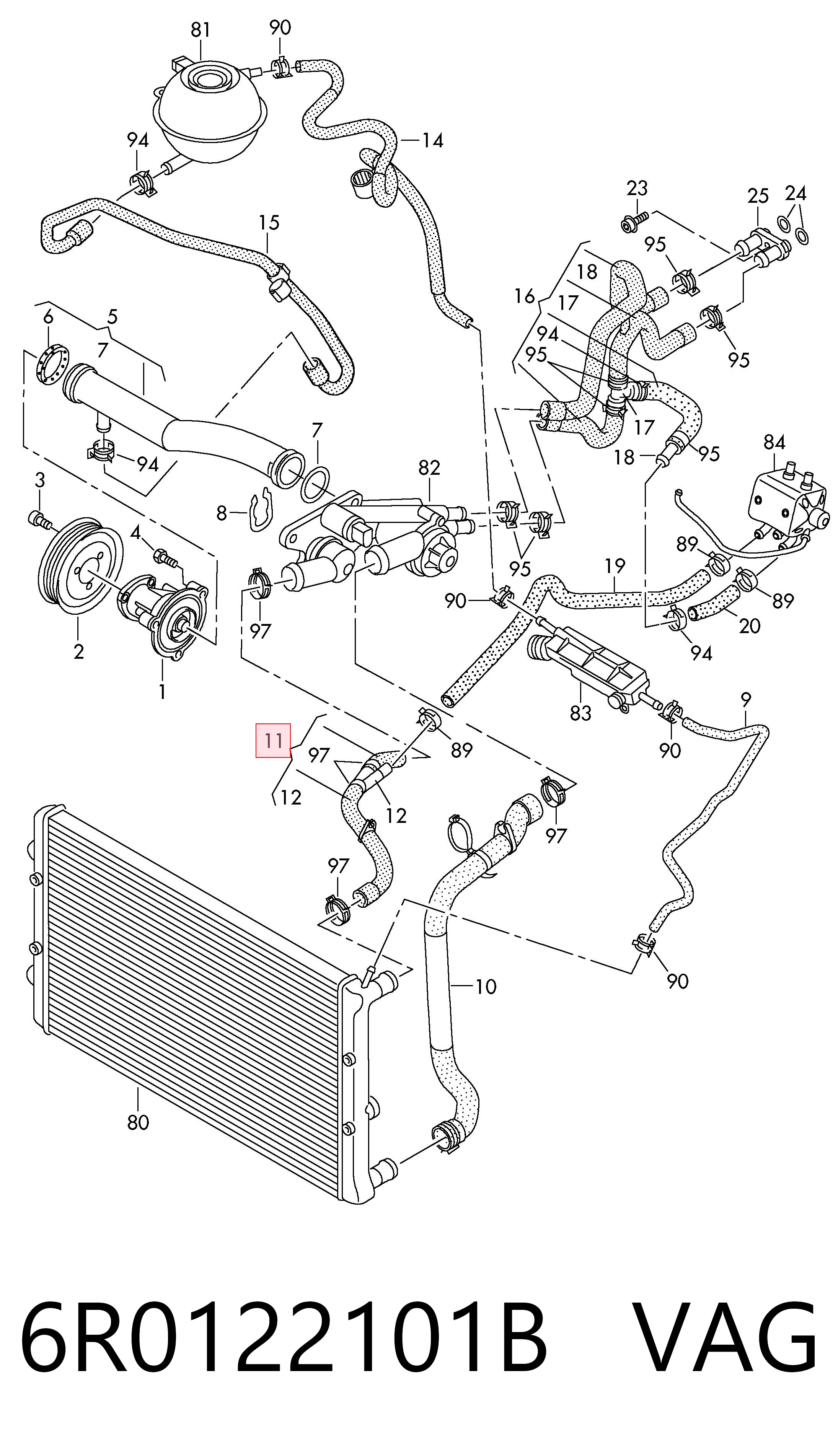 Do koszyka Przewód (króciec) chłodnicy górny Volkswagen Polo V RUS 602, 604, 612, 614