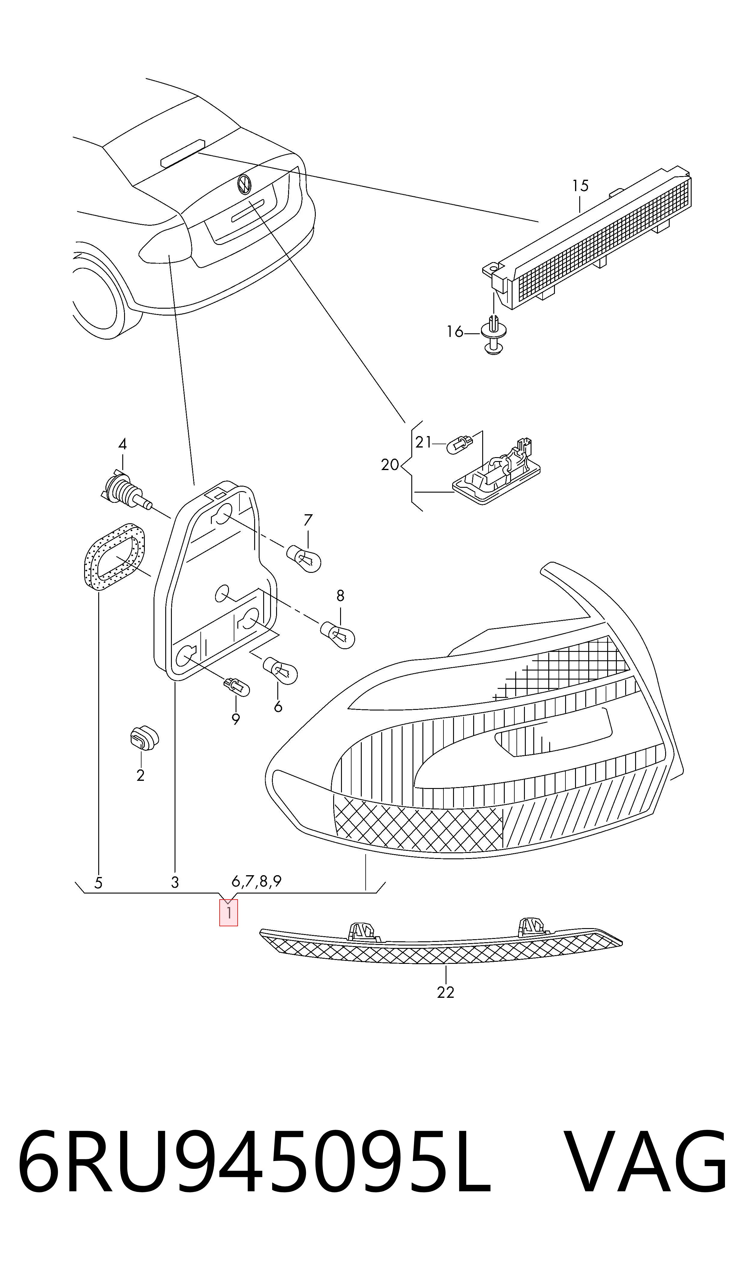 Lampa zespolona tylna lewa do Volkswagen Polo V RUS 602, 604, 612, 614