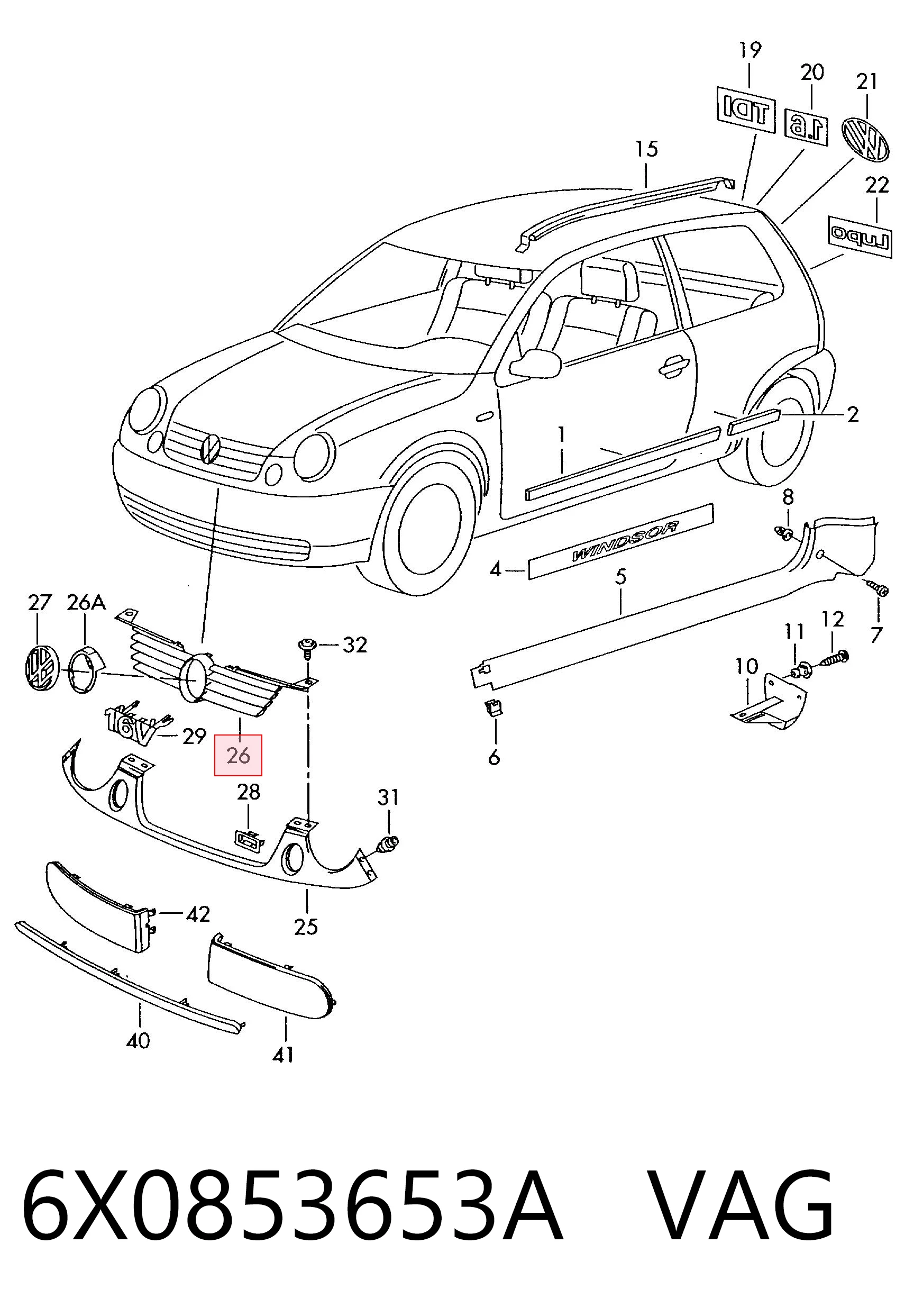 Atrapa chłodnicy Volkswagen Lupo hatchback (6X, 6E) (1998 - 2005) cena, od 28,03 USD