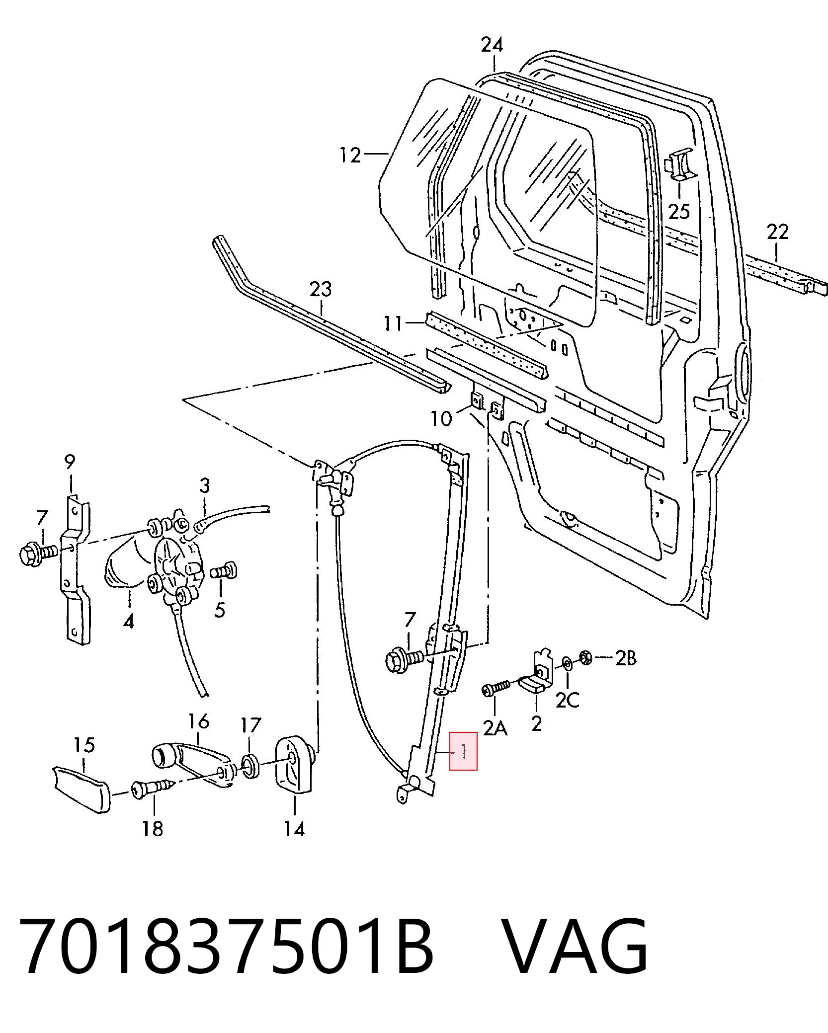 Mechanizm podnoszenia szyby drzwi przednich lewych do Volkswagen Transporter T4 70B, 70C, 7DB, 7DK, 70J, 70K, 7DC, 7DJ