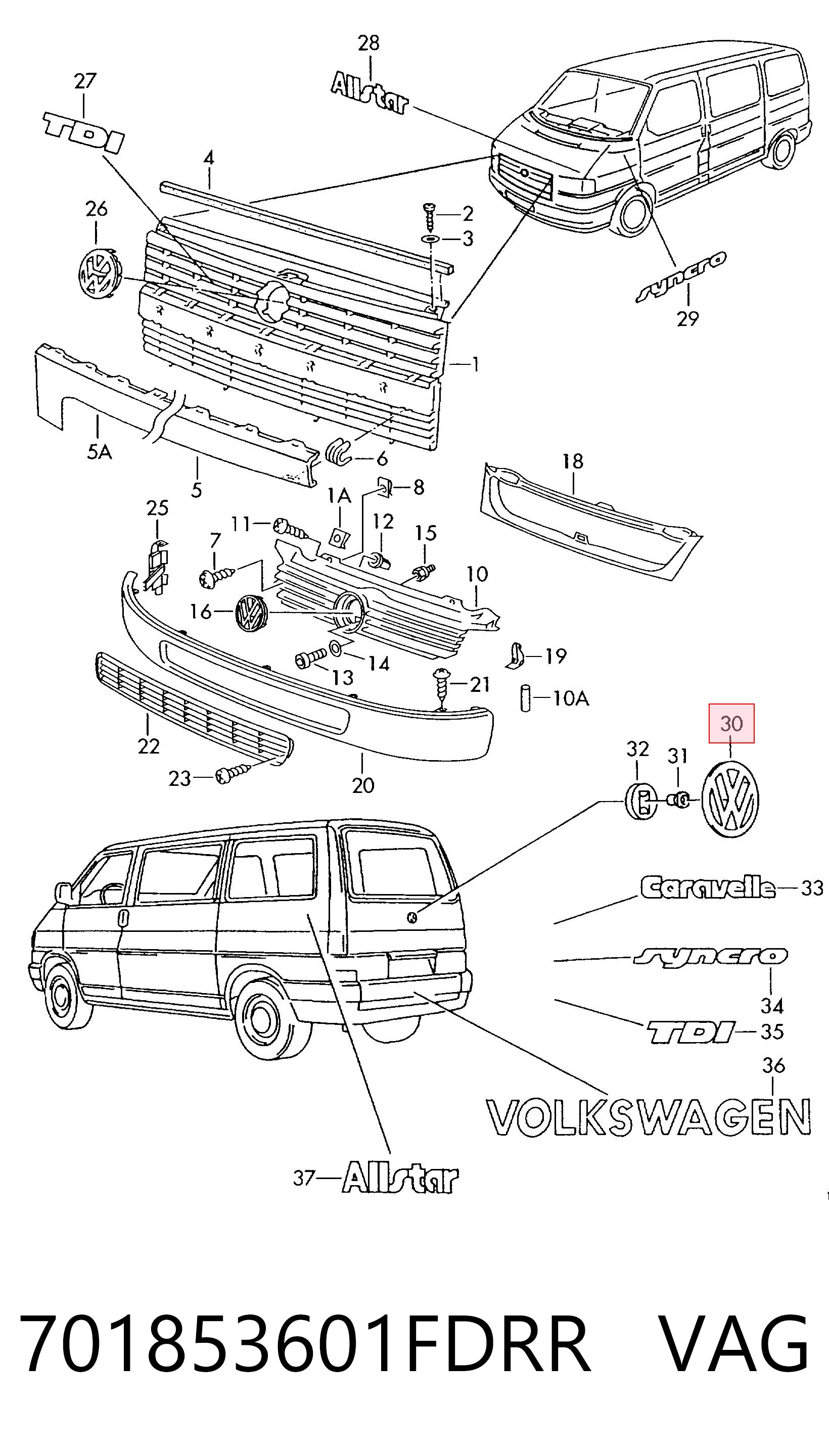 Emblemat na klapę bagaznika (znaczek firmowy) do Volkswagen Transporter T4 70B, 70C, 7DB, 7DK, 70J, 70K, 7DC, 7DJ