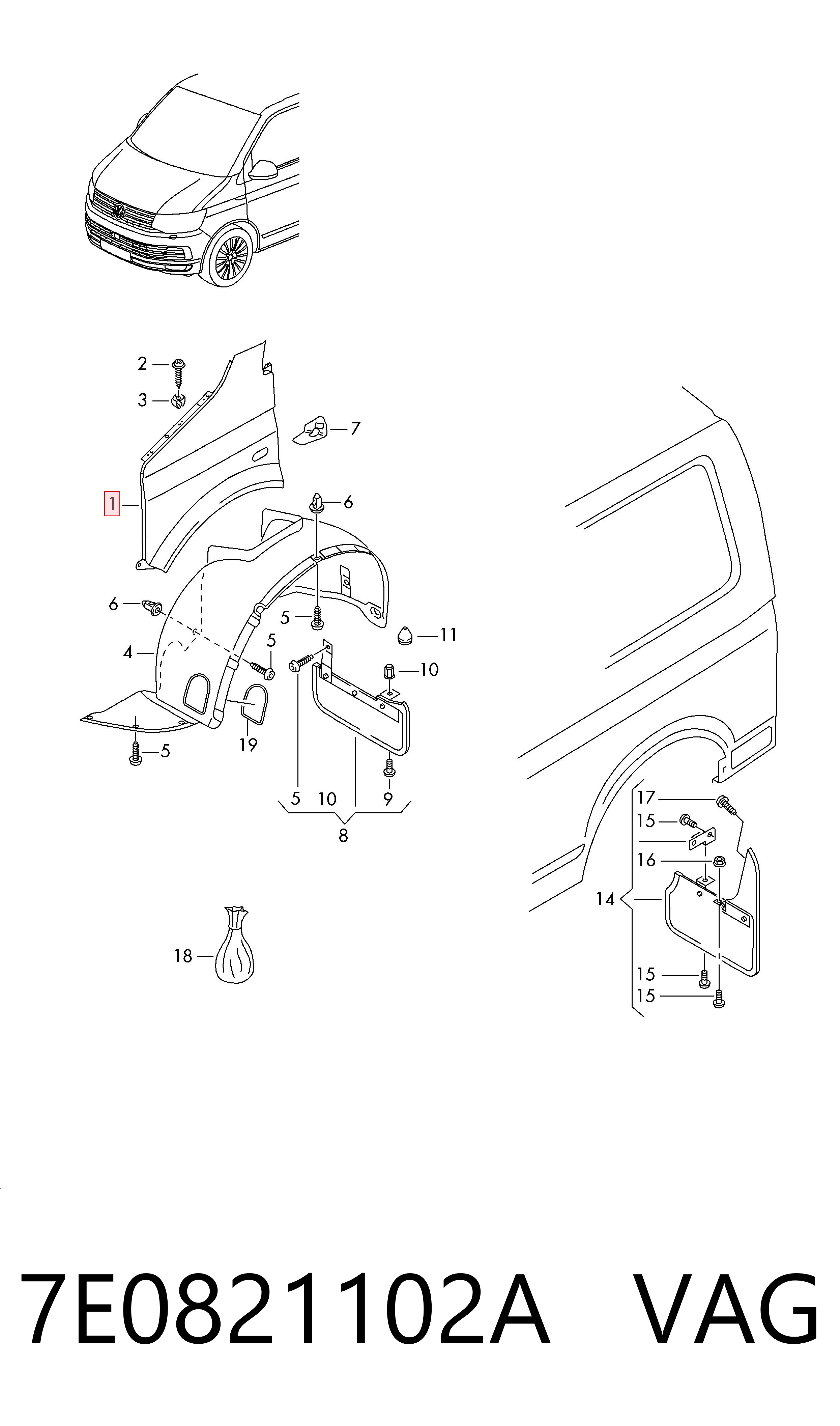 Błotnik przedni prawy Volkswagen Transporter T6 awangarda (SGA, SGH, SHA, SHH) (2015 - 2024) cena, od 145,65 USD
