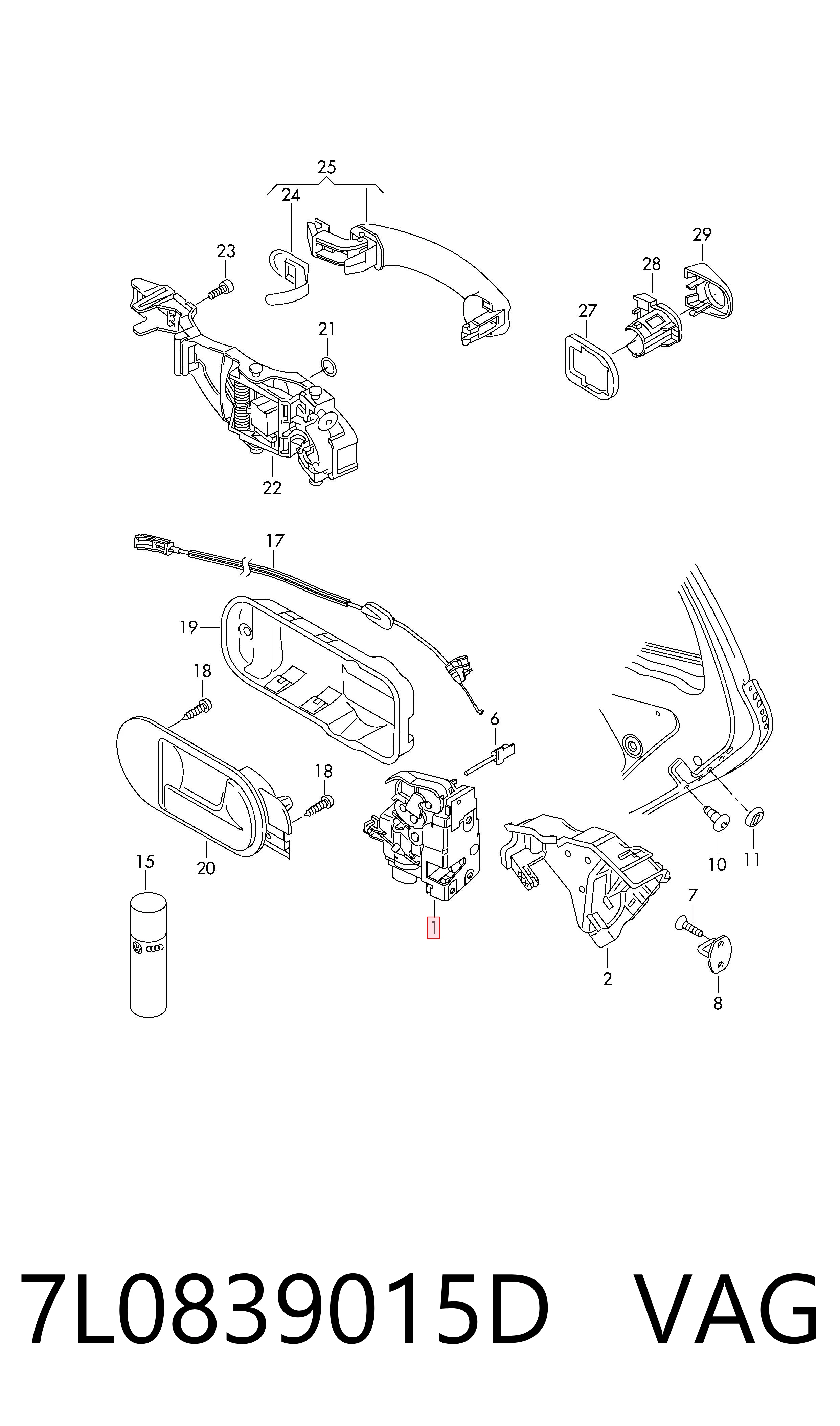 Zamek drzwi tylnych lewych 7L0839015D VAG