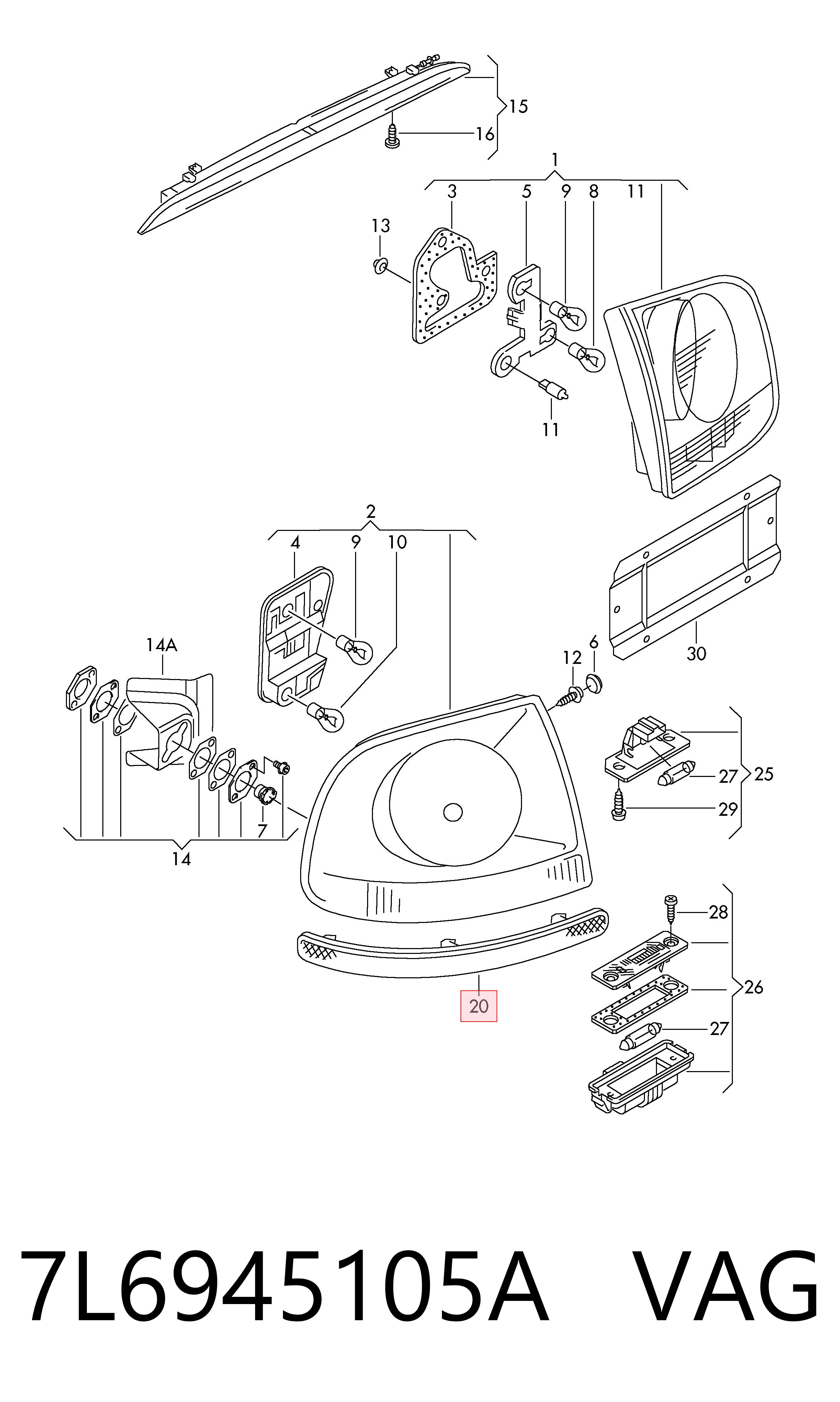 7L6945105A VAG Lampa odblaskowa zderzaka tylnego lewa