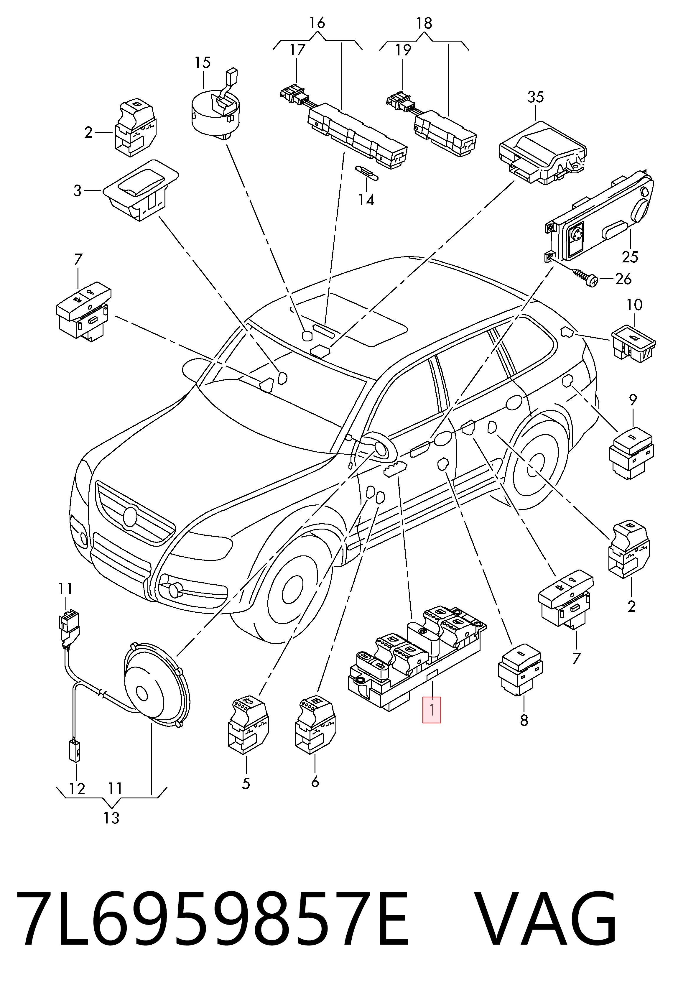 7L6959857E VAG Panel przyciskowy sterowania podnośnikiem szyby przedni lewy