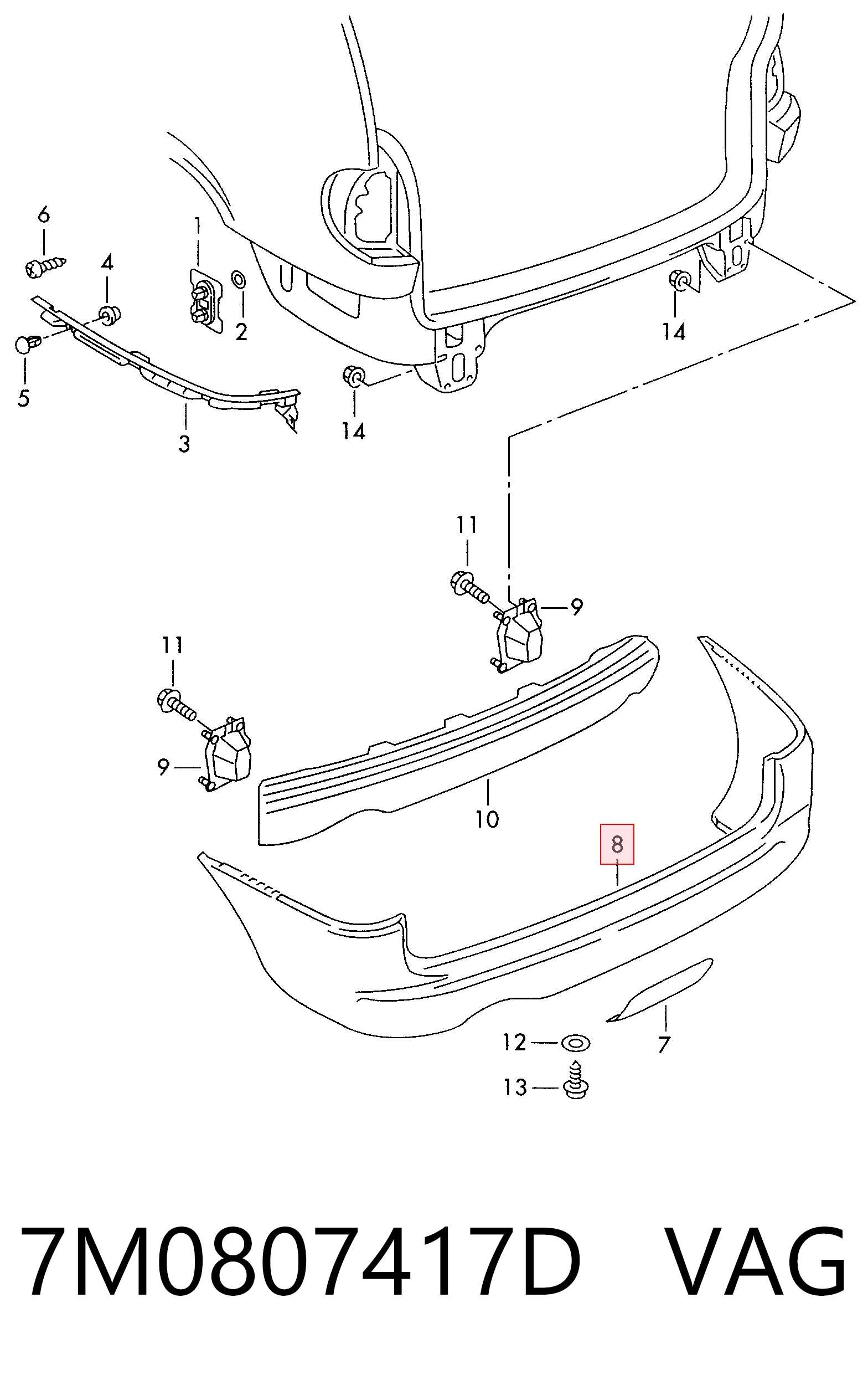 Zderzak tylny do Volkswagen Sharan I 7M8, 7M9, 7M6