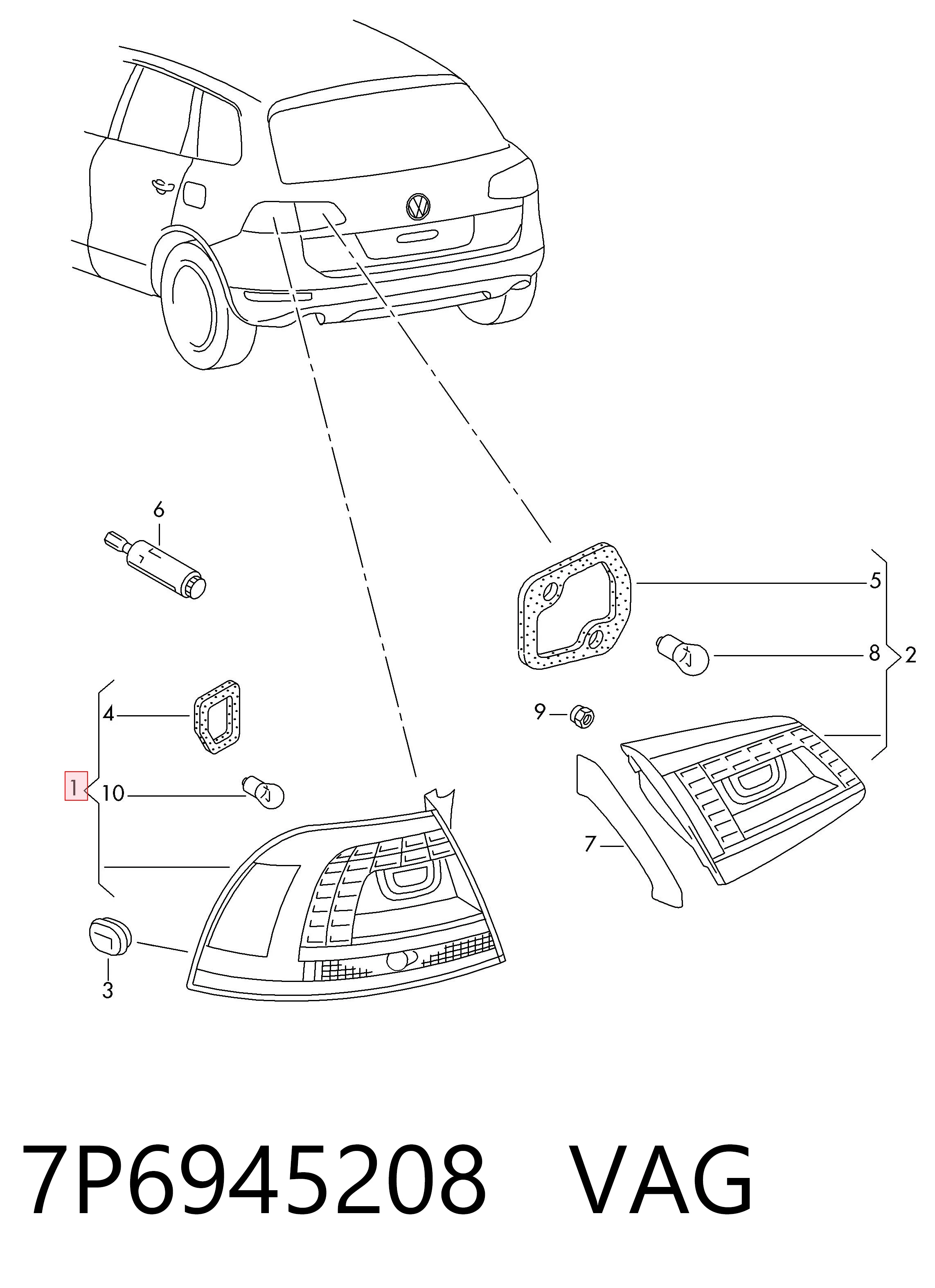 7P6945208 VAG Lampa zespolona tylna prawa zewnętrzna