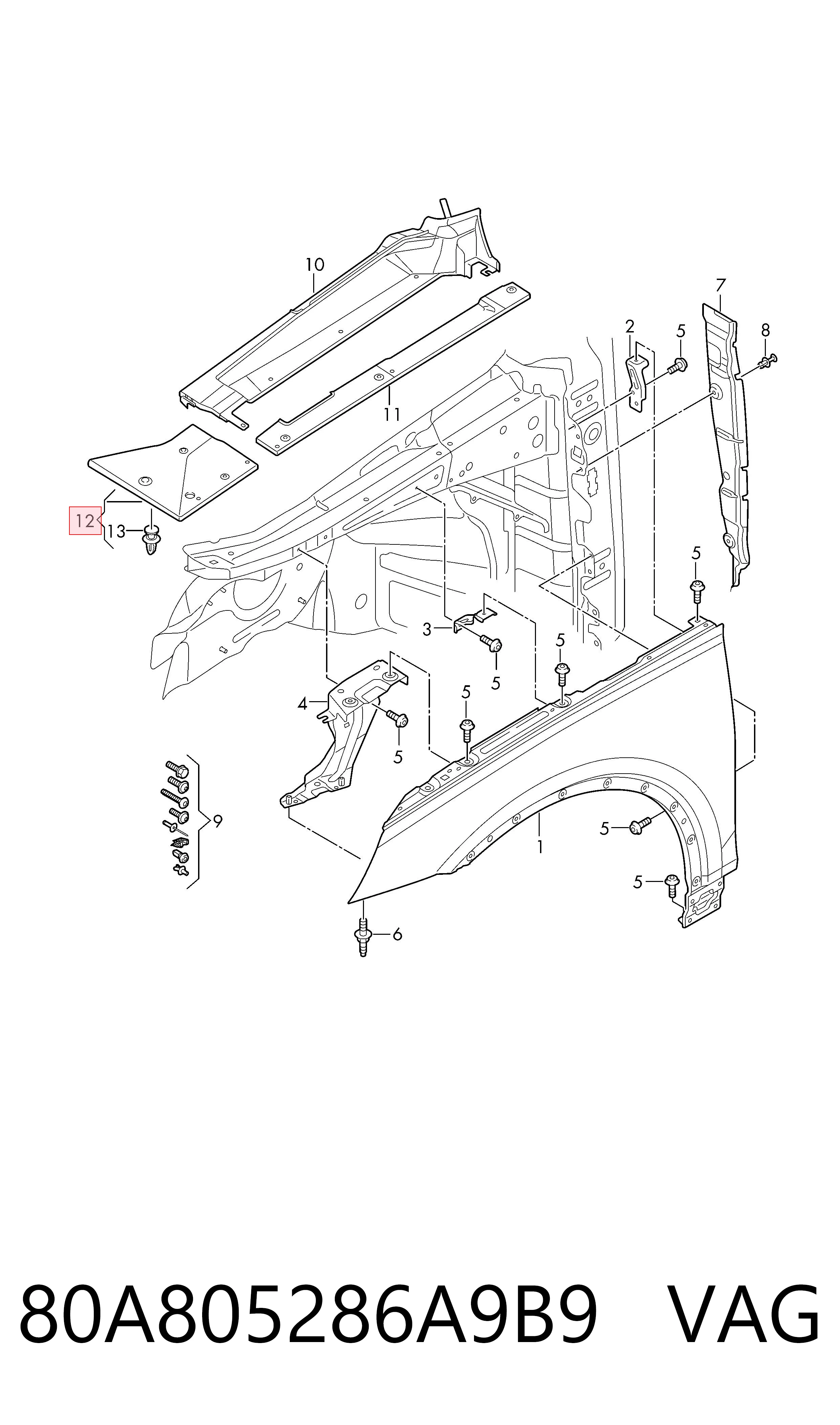 Do koszyka 80A805286A9B9 VAG Uszczelniacz błotnika