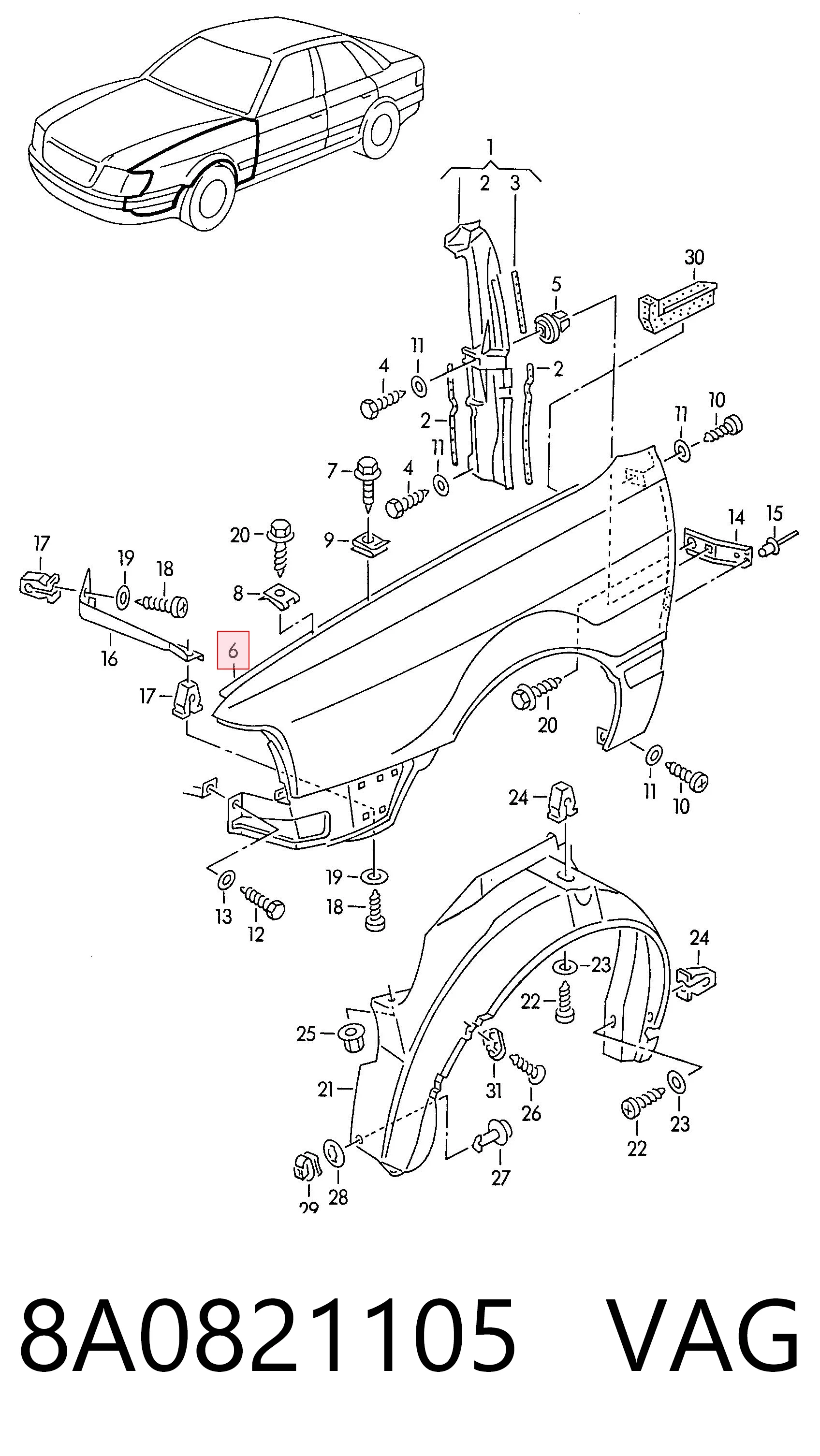 Błotnik przedni lewy Audi 80 B4 sedana (8C2) (1991 - 1994) cena, od 74,99 USD