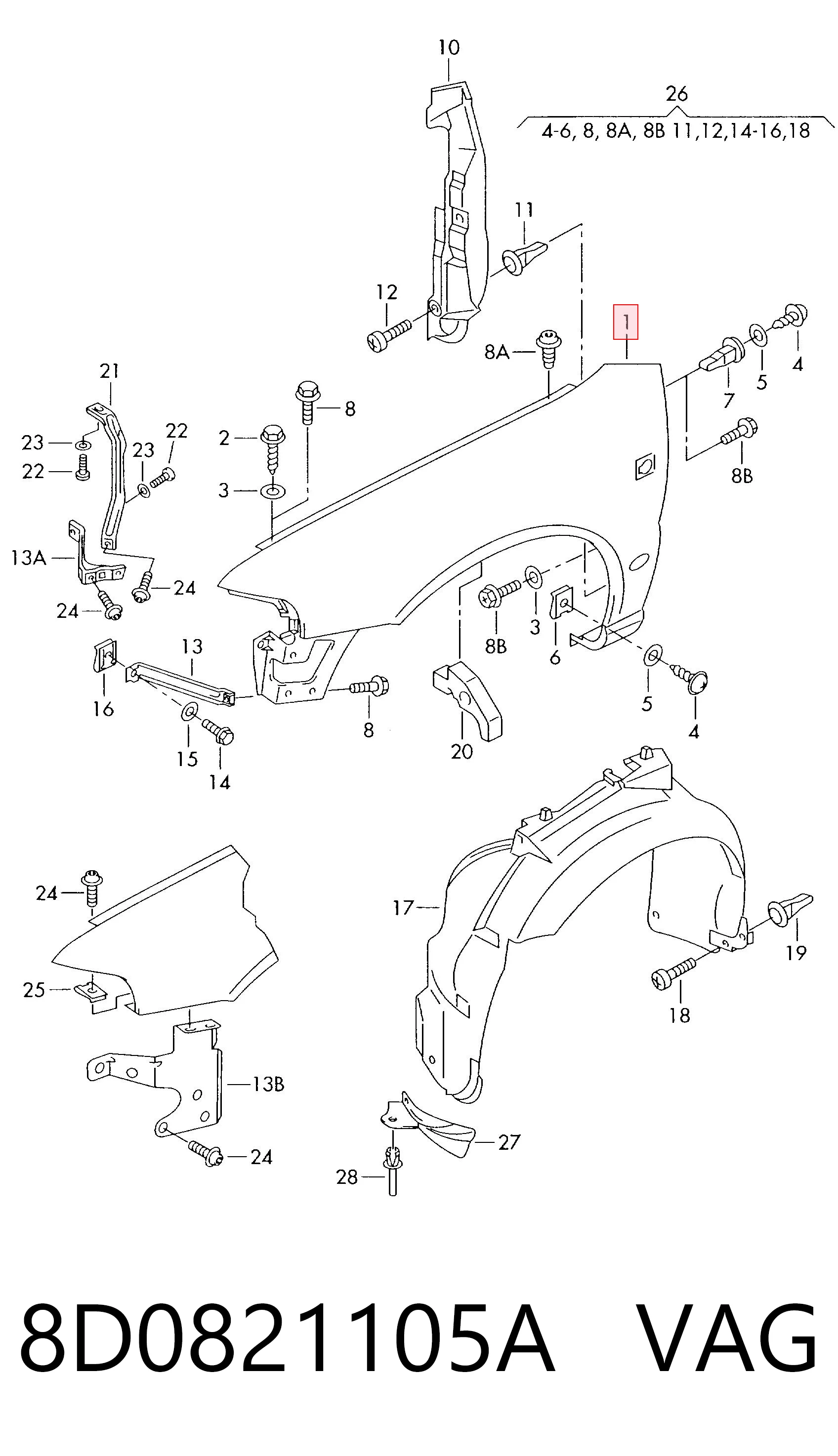 Błotnik przedni lewy Audi A4 B5 sedana (8D2) (1994 - 2001) cena, od 63,80 USD