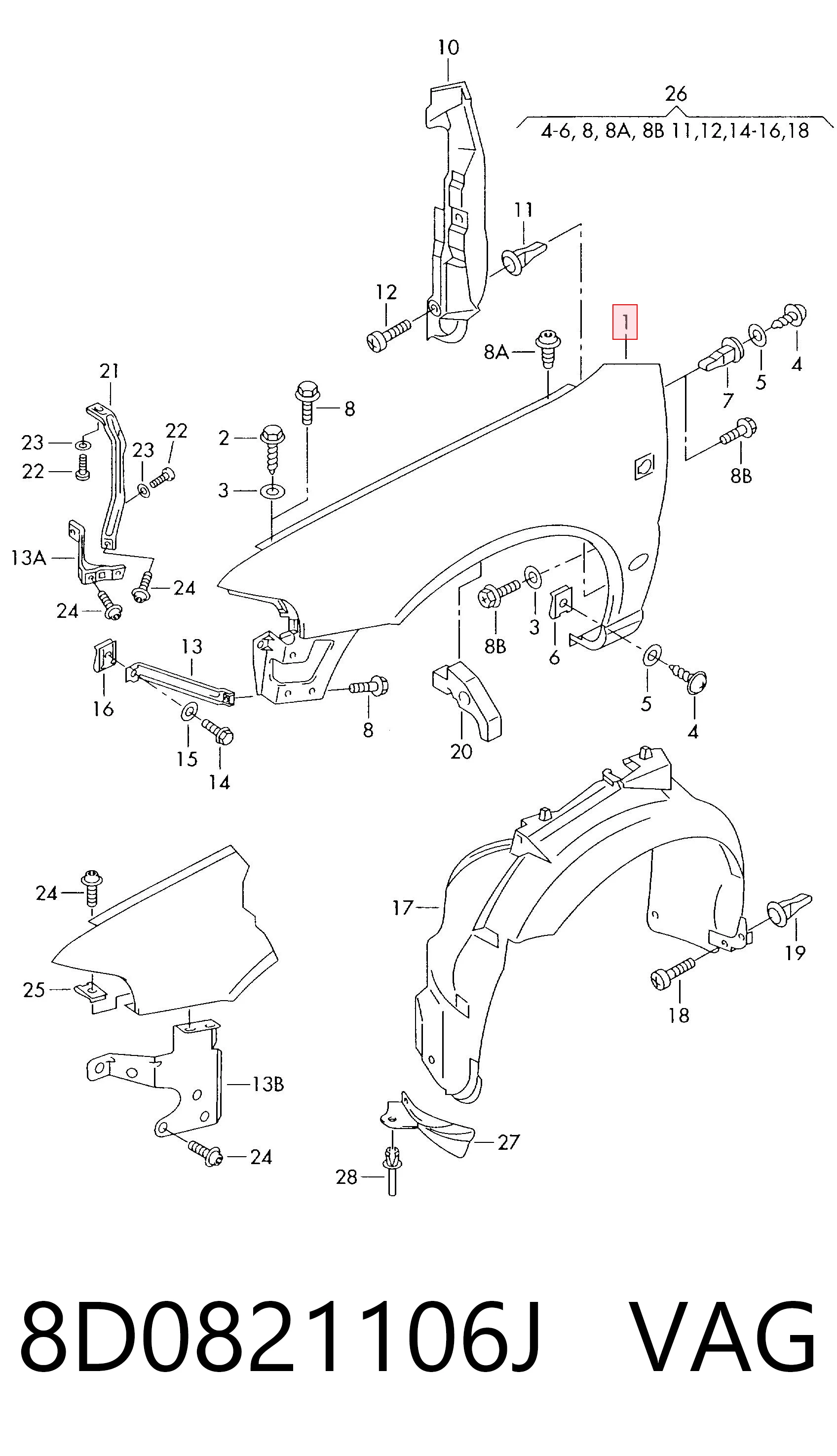 Błotnik przedni prawy Audi A4 B5 sedana (8D2) (1994 - 2001) cena, od 65,20 USD