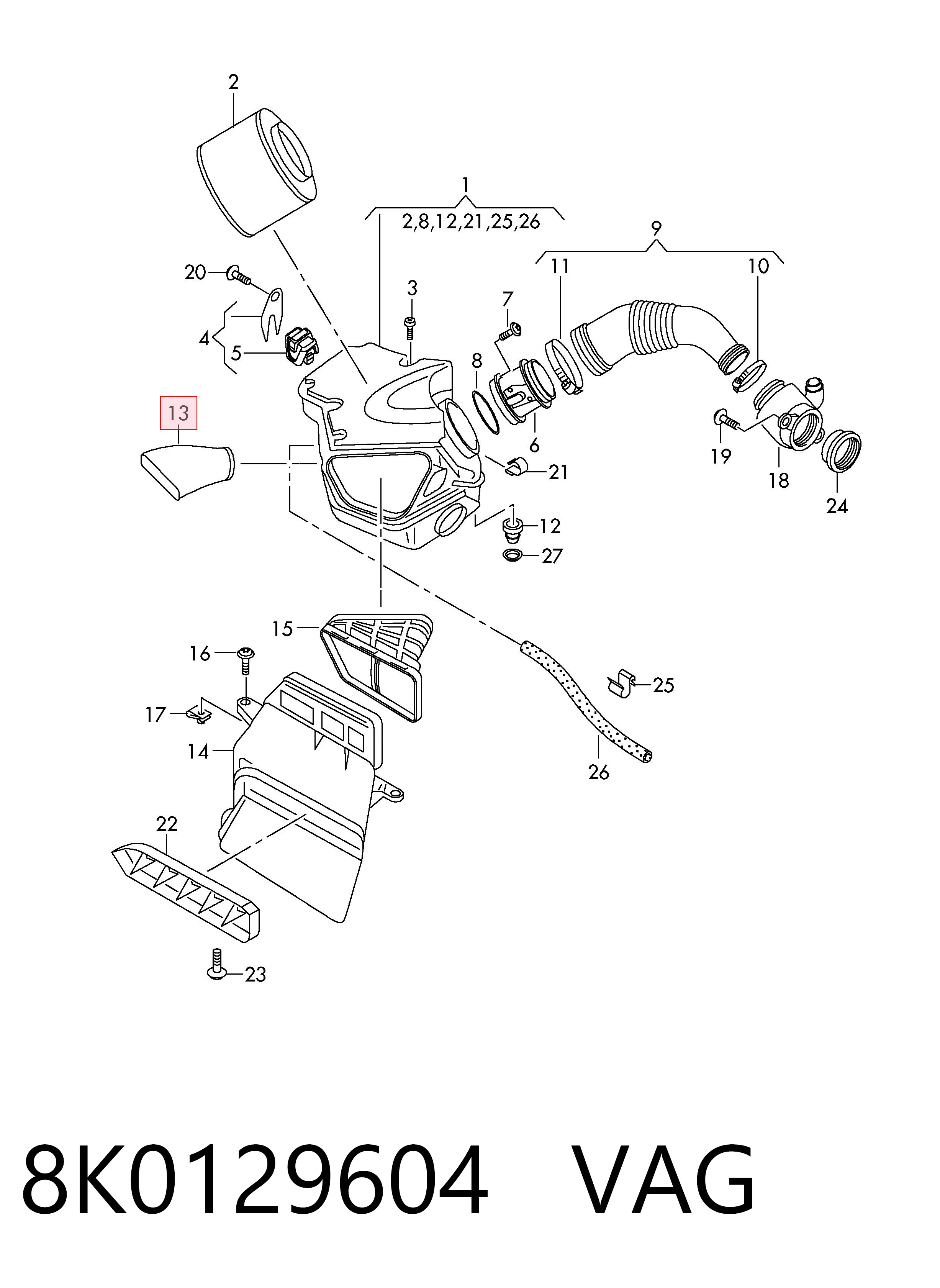 8K0129604 VAG Wlot powietrza do filtra powietrza
