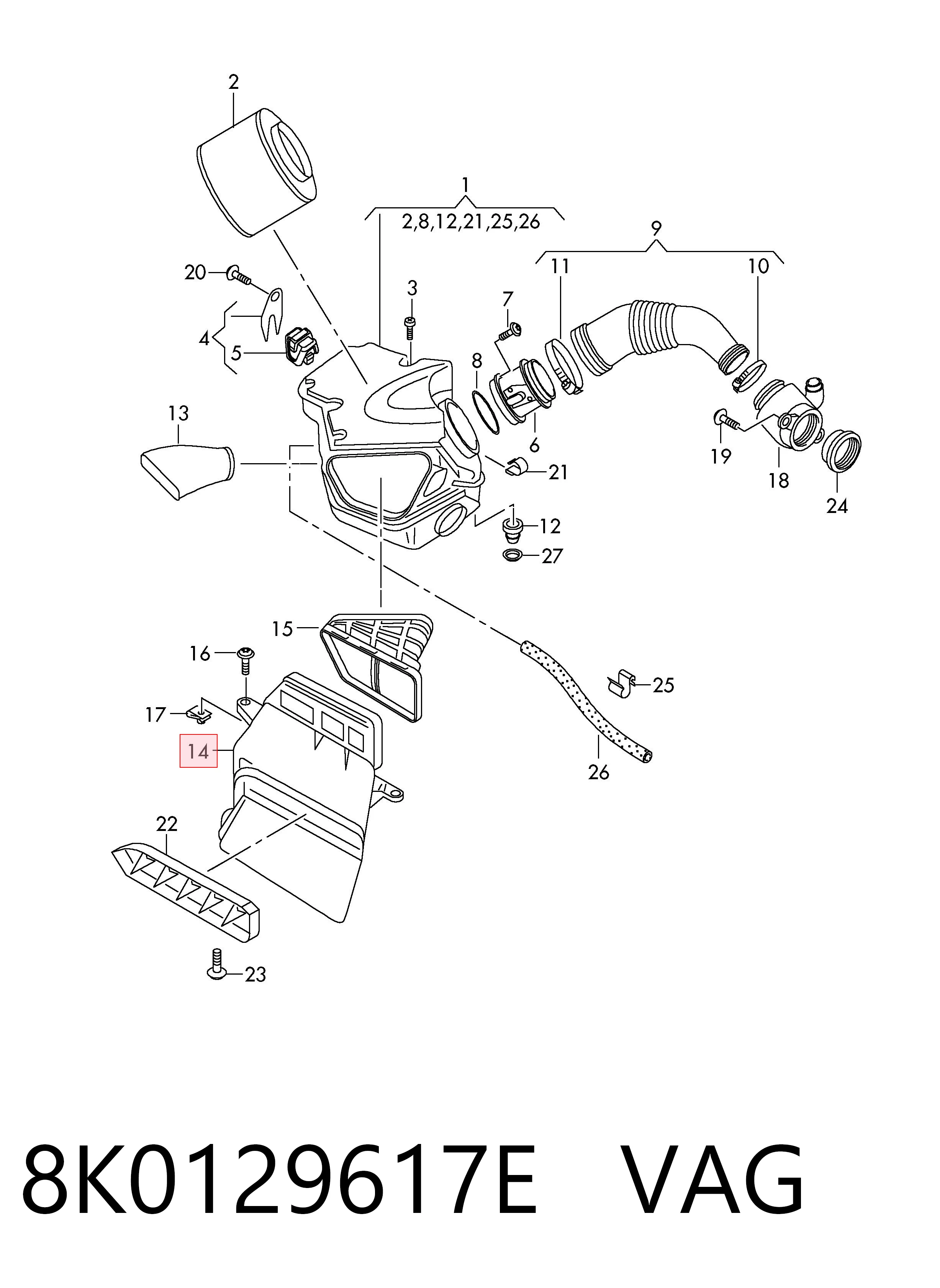 Wlot powietrza do filtra powietrza VAG 8K0129617E cena, od 97,67 USD