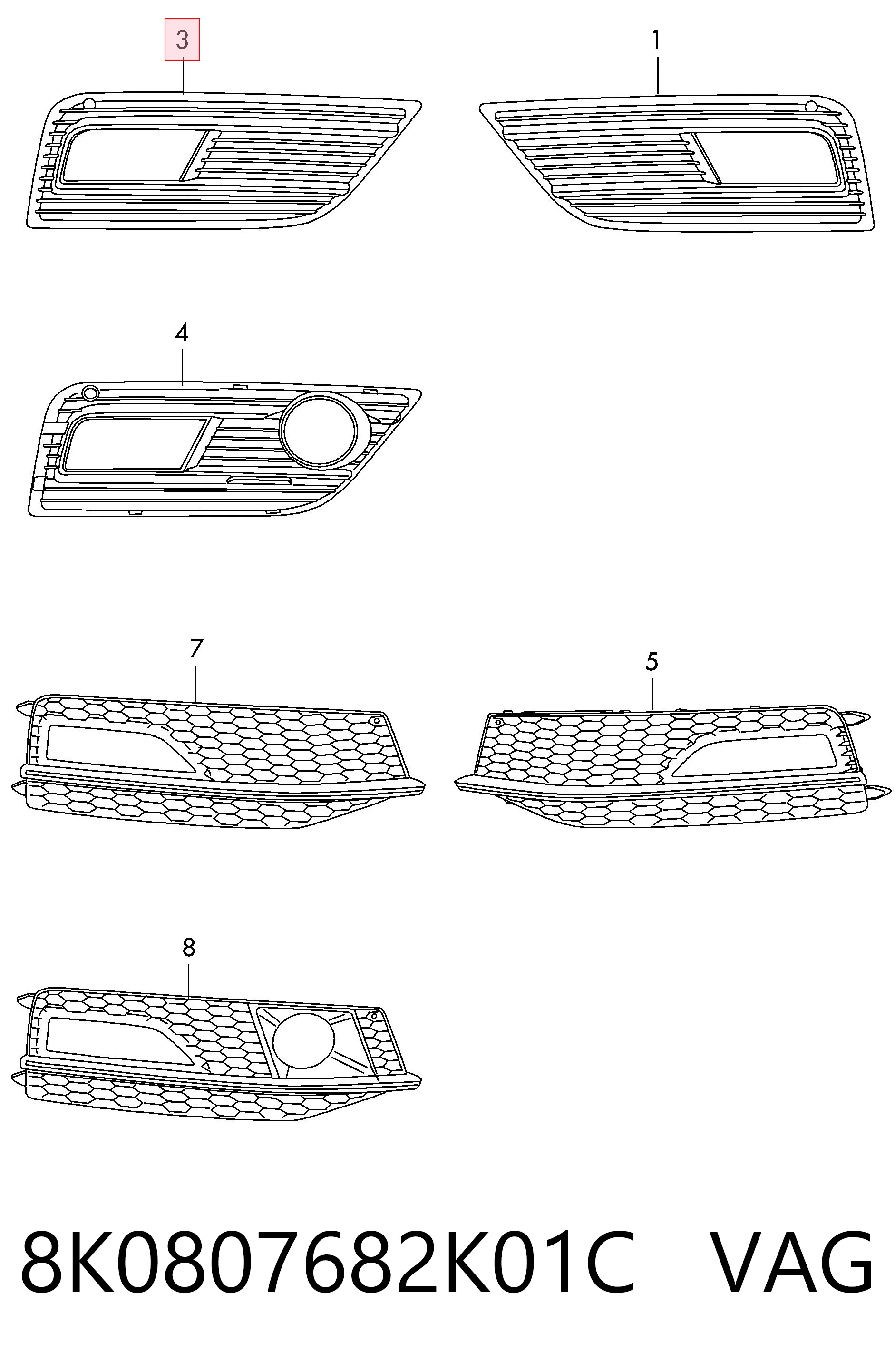 8K0807682K01C VAG Zaślepka (kratka) lamp przeciwmgielnych zderzaka przedniego prawa