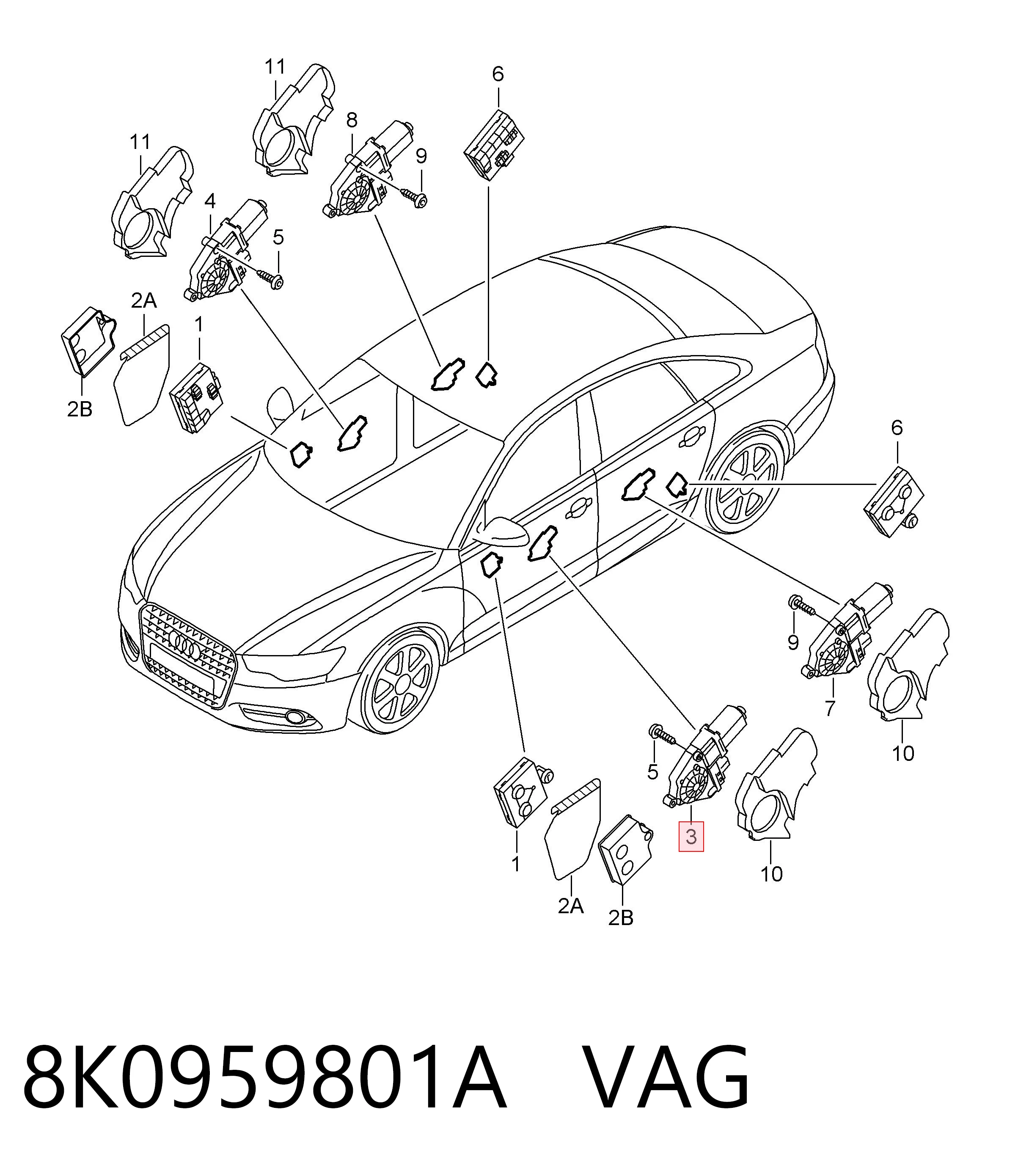 8K0959801A VAG Silniczek podnośnika szyby drzwi przednich lewych