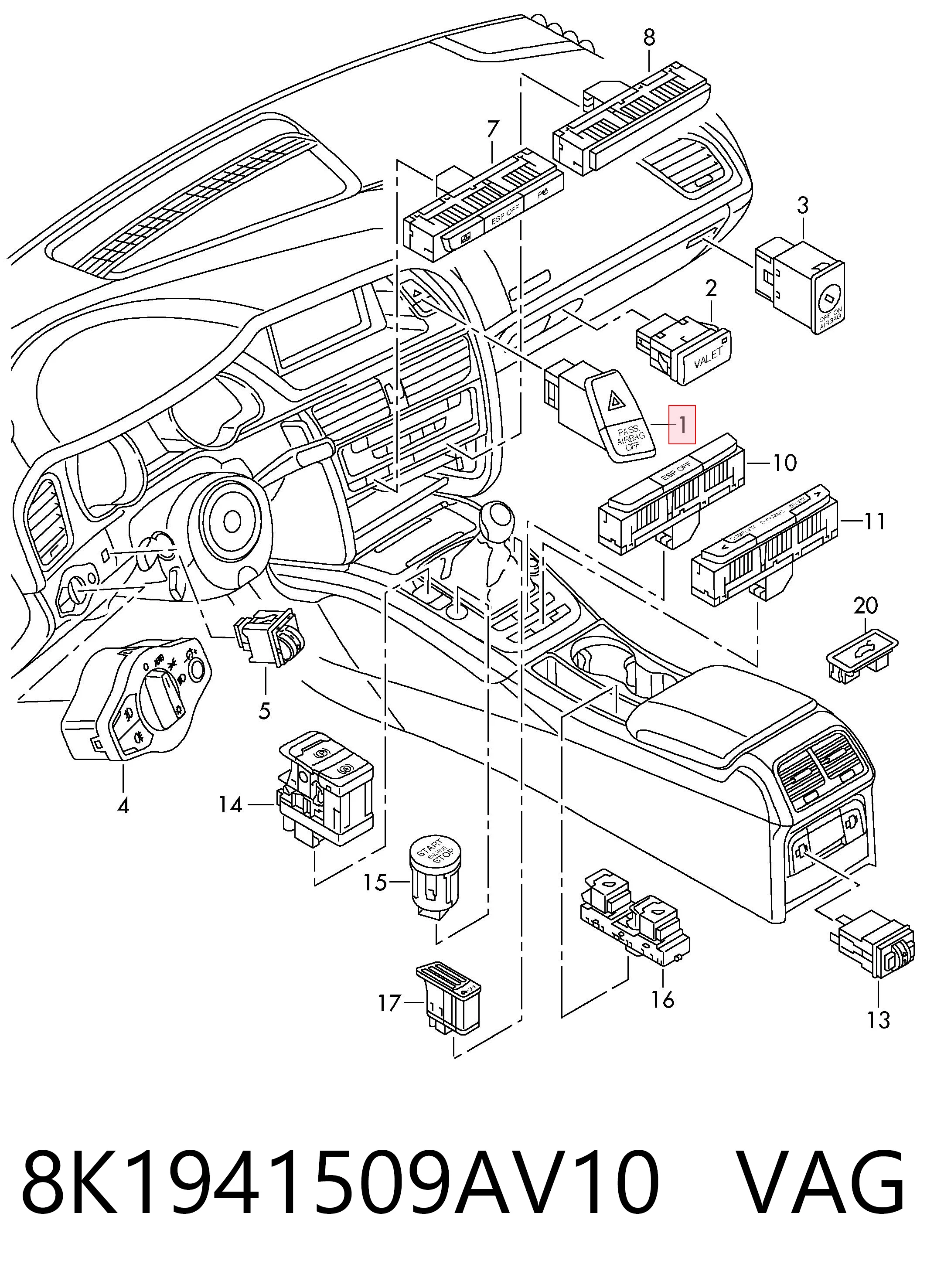 Przycisk włączania światła awaryjnego do Audi A4 B8 8K2