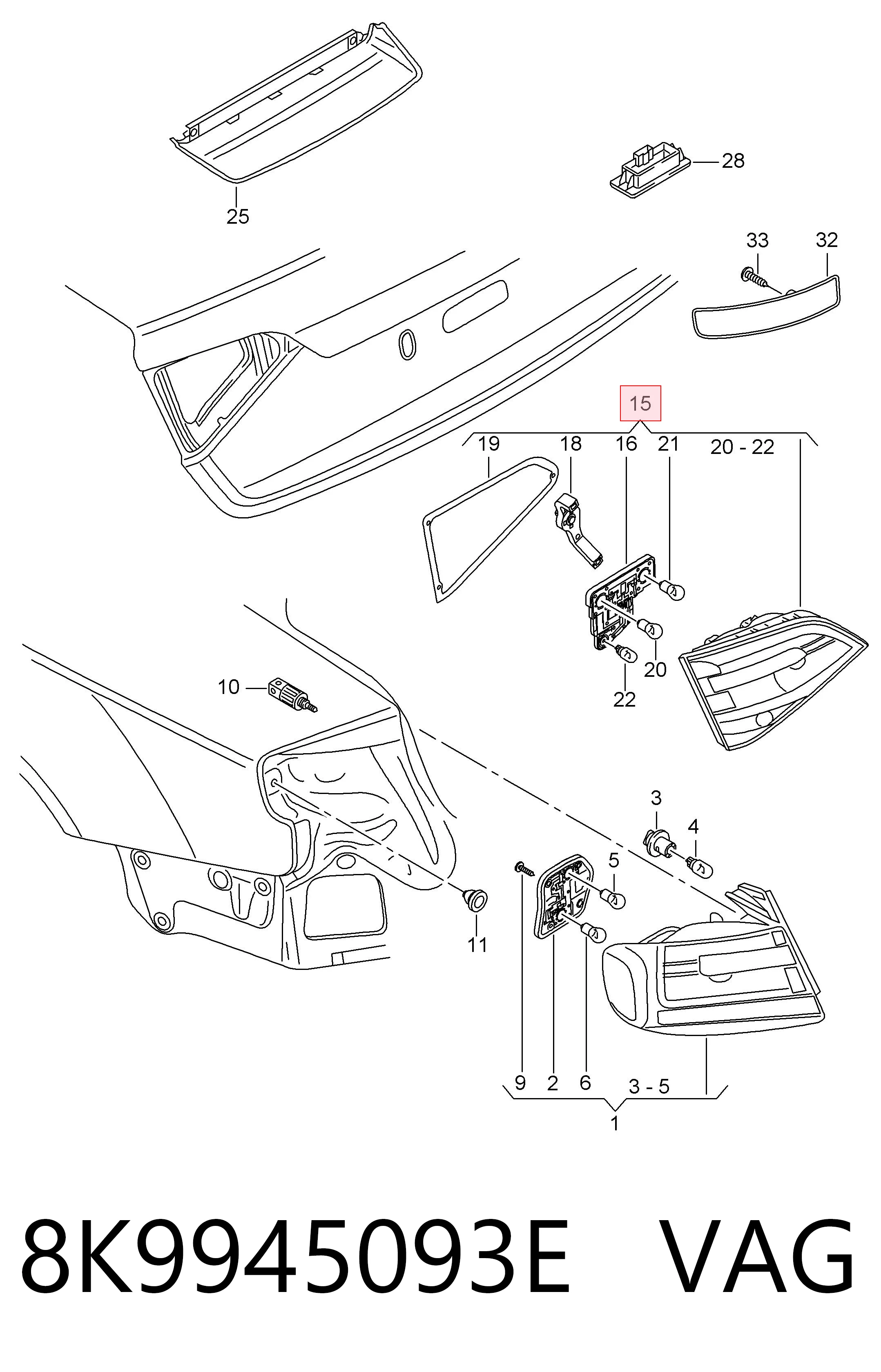 Lampa zespolona tylna lewa wewnętrzna VAG 8K9945093E cena, od 154,93 USD