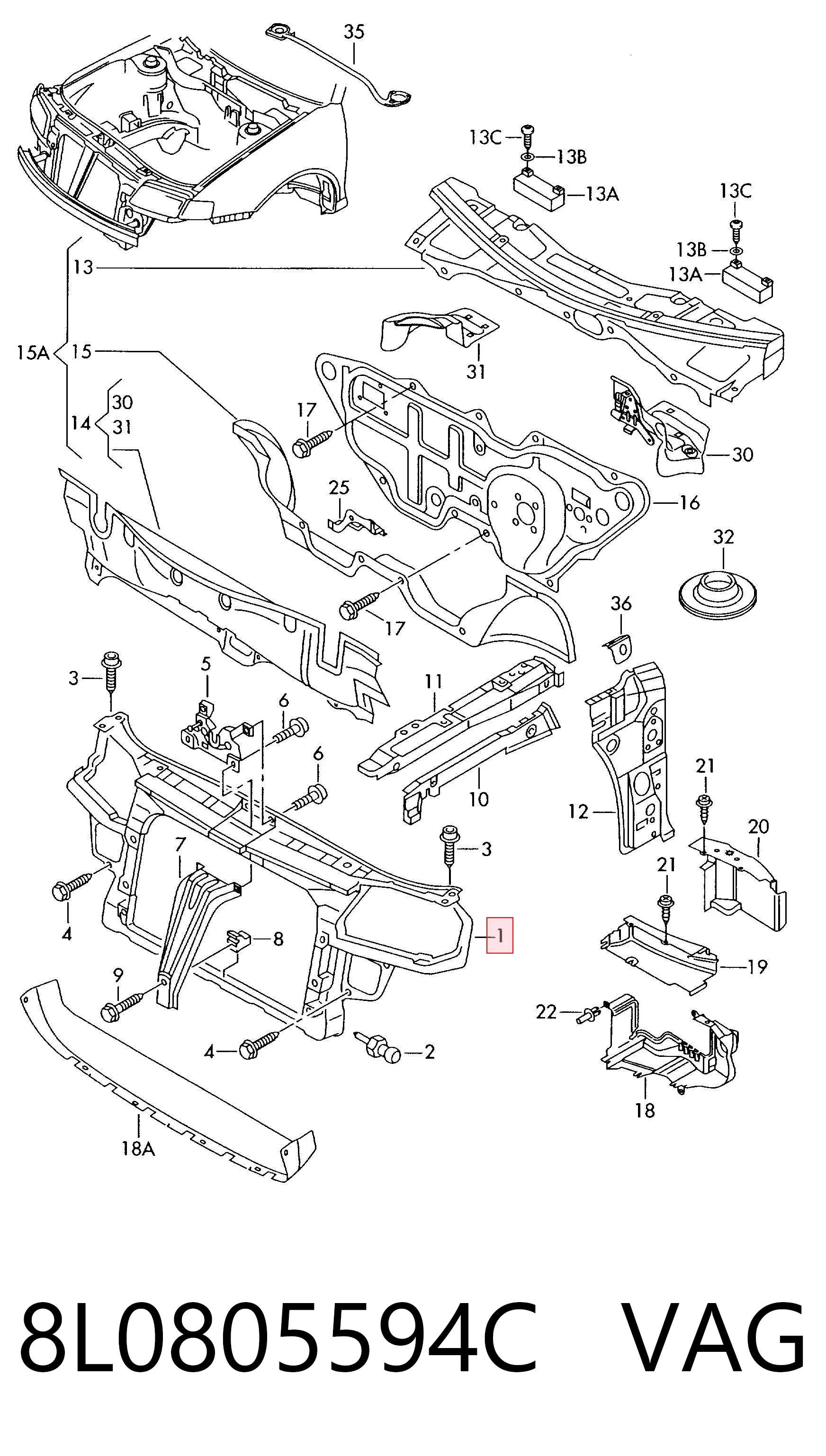 Osłona chłodnicy kompletna (panel mocowania reflektorów) Audi A3 hatchback (8L1) (1996 - 2003) cena, od 124,83 USD