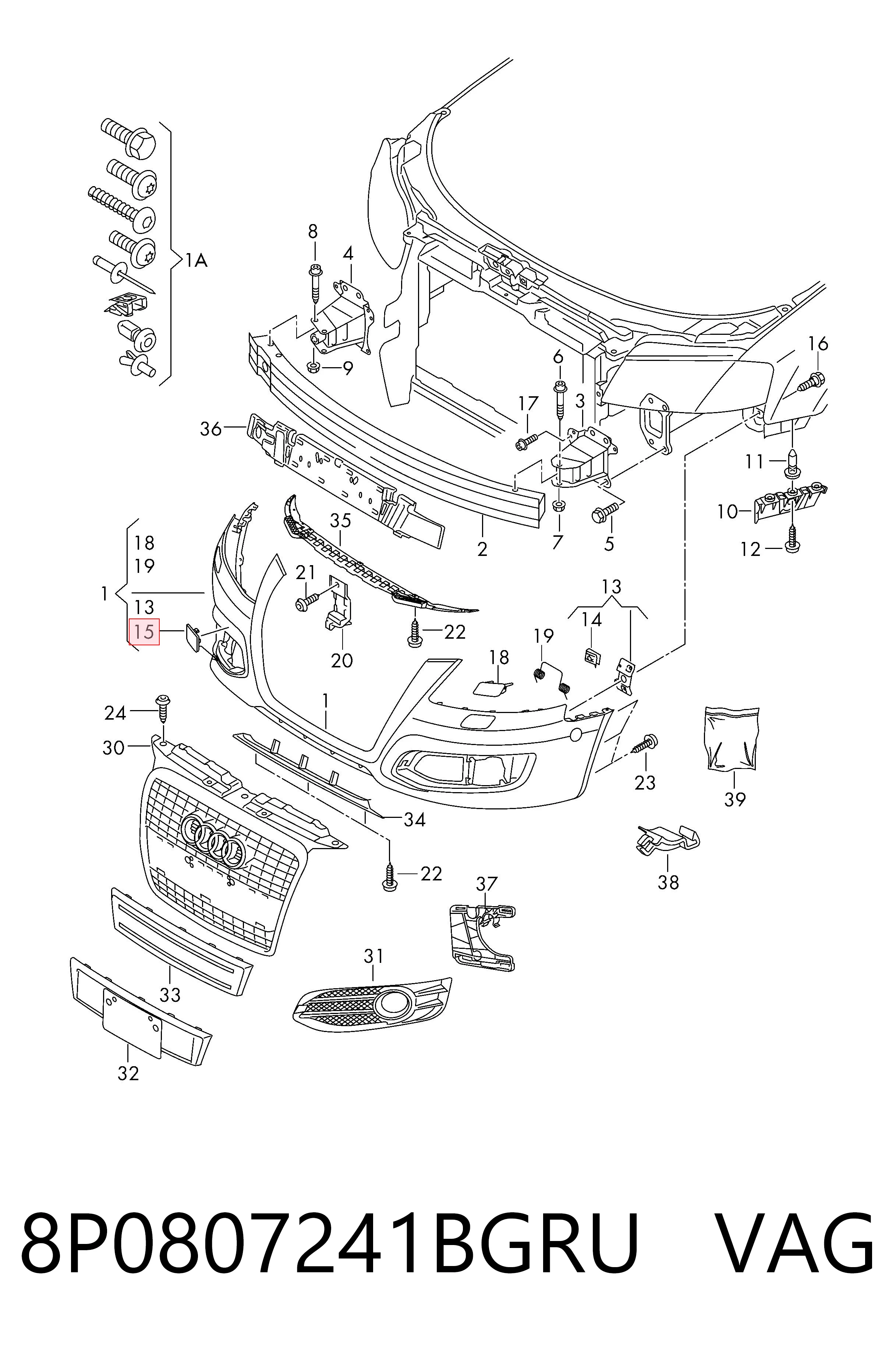 Do koszyka Zaślepka haku holowniczego zderzaka przednia Audi A3 Sportback 8PA