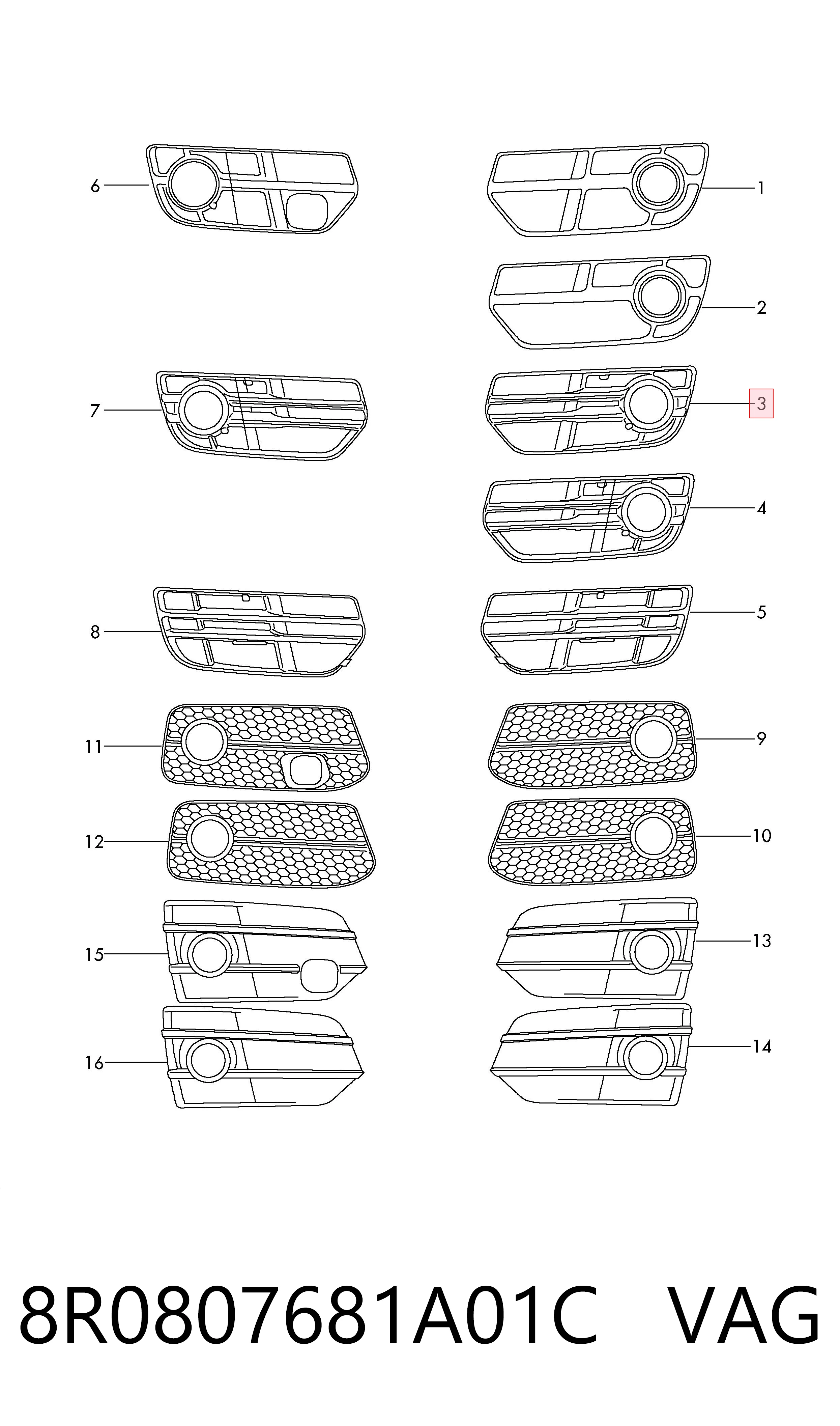 8R0807681A01C VAG Zaślepka (kratki) lamp przeciwmgielnych zderzaka przedniego lewa