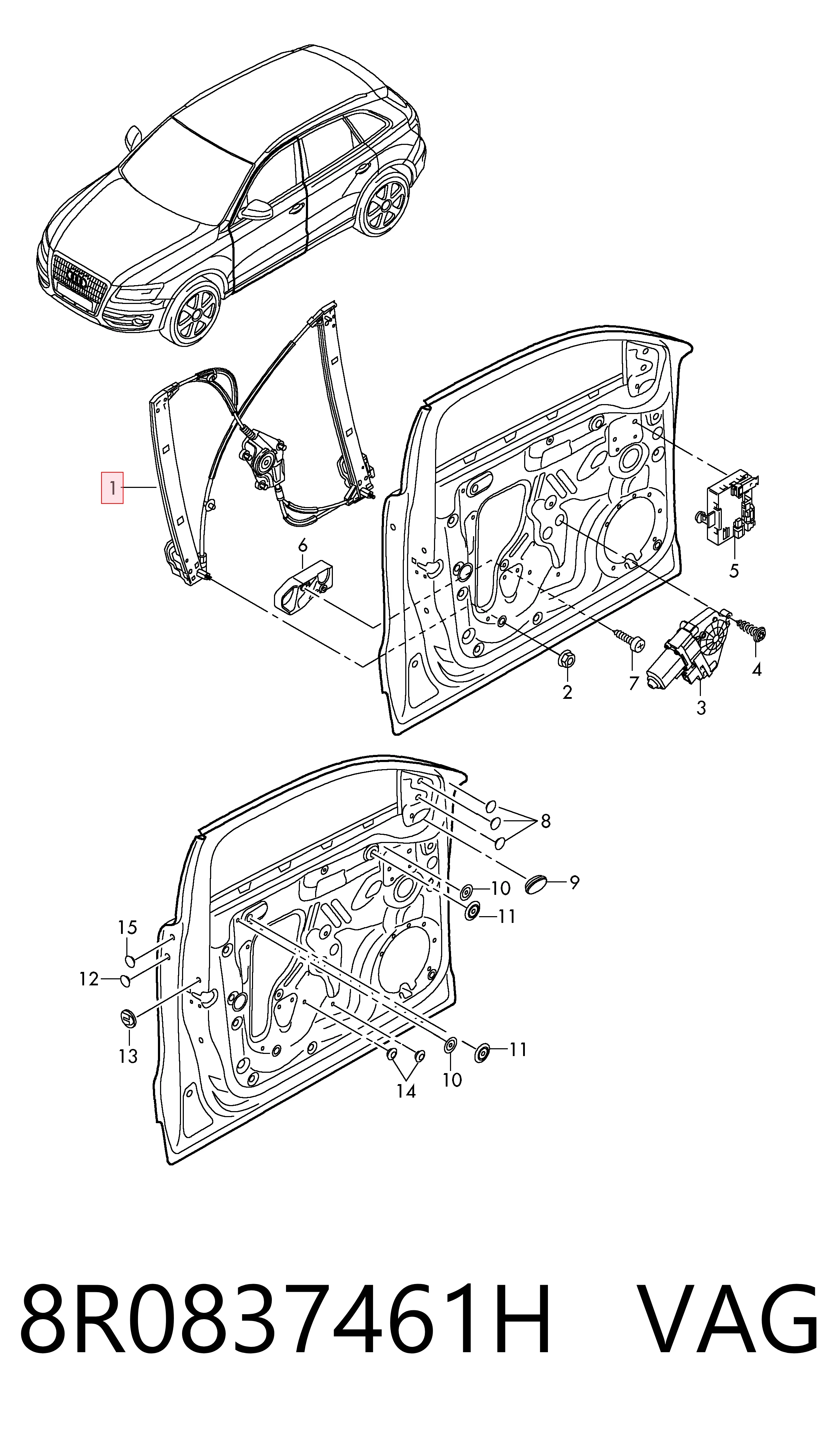 Mechanizm podnoszenia szyby drzwi przednich lewych Audi Q5 