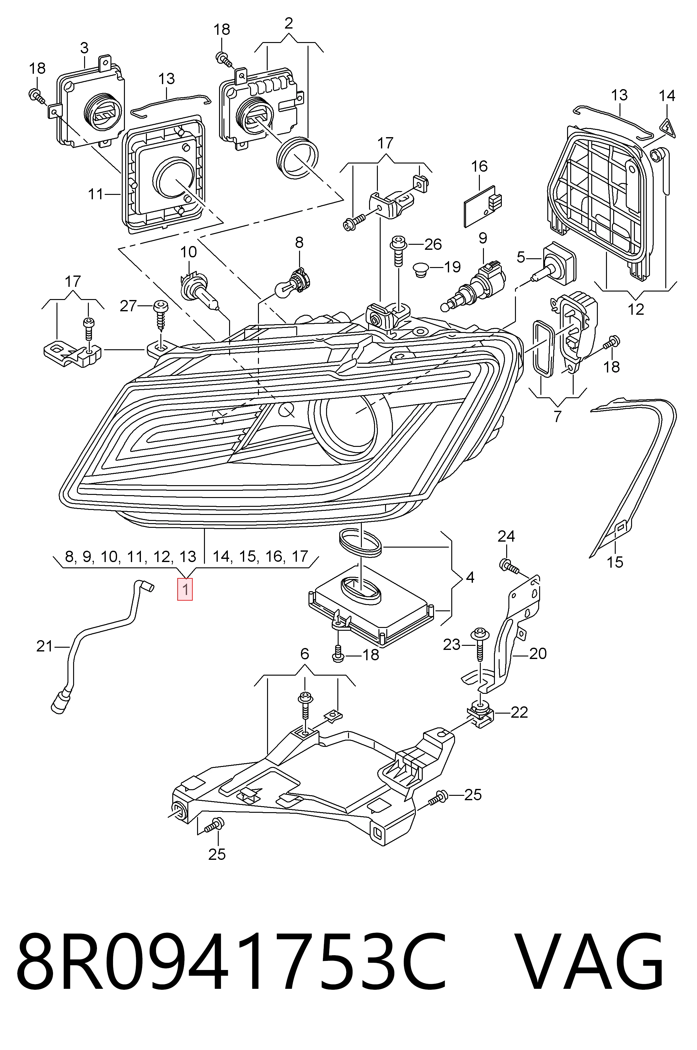 Reflektor lewy VAG 8R0941753C cena, od 544,51 USD