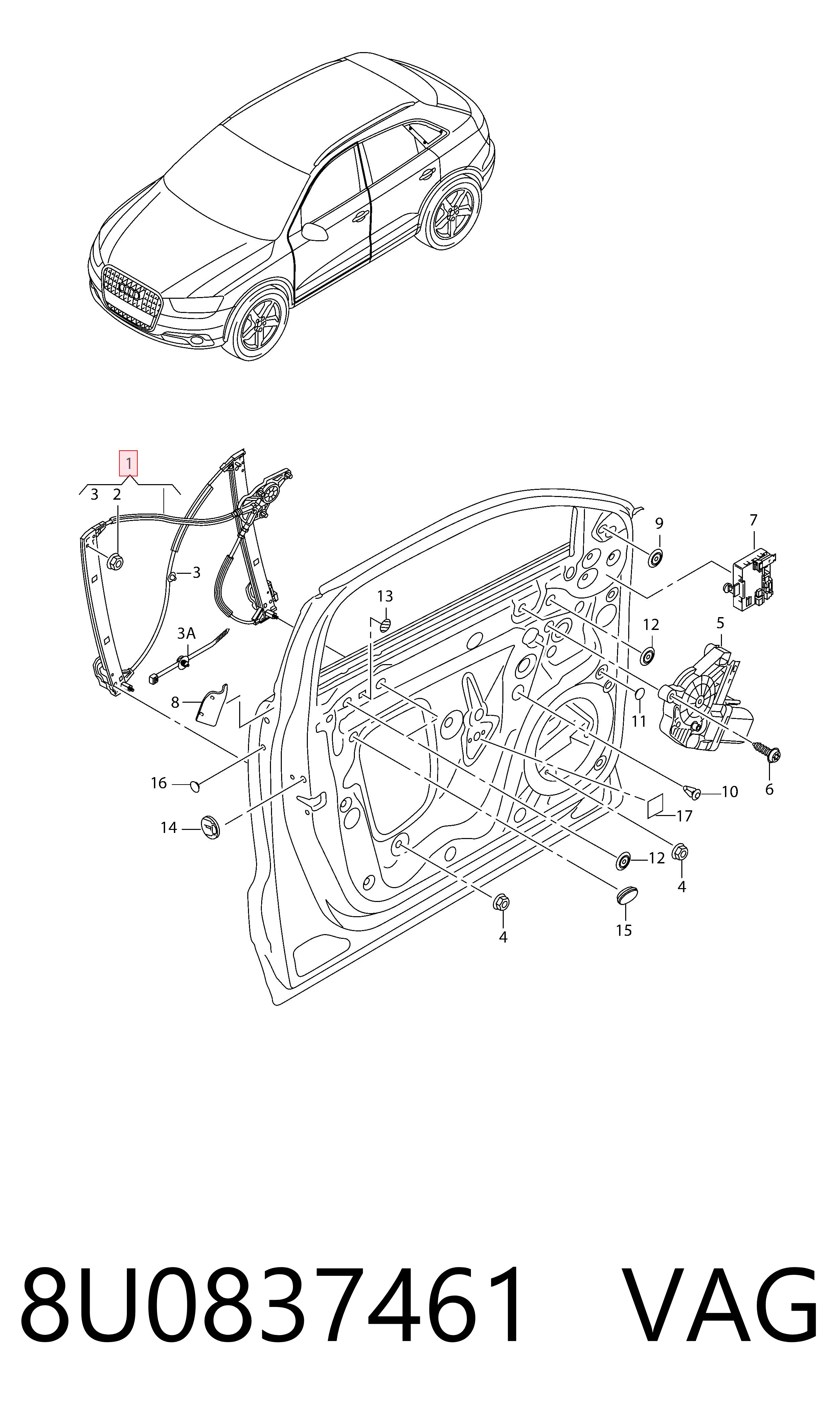 Do koszyka Mechanizm podnoszenia szyby drzwi przednich lewych Audi Q3  8UB, 8UG
