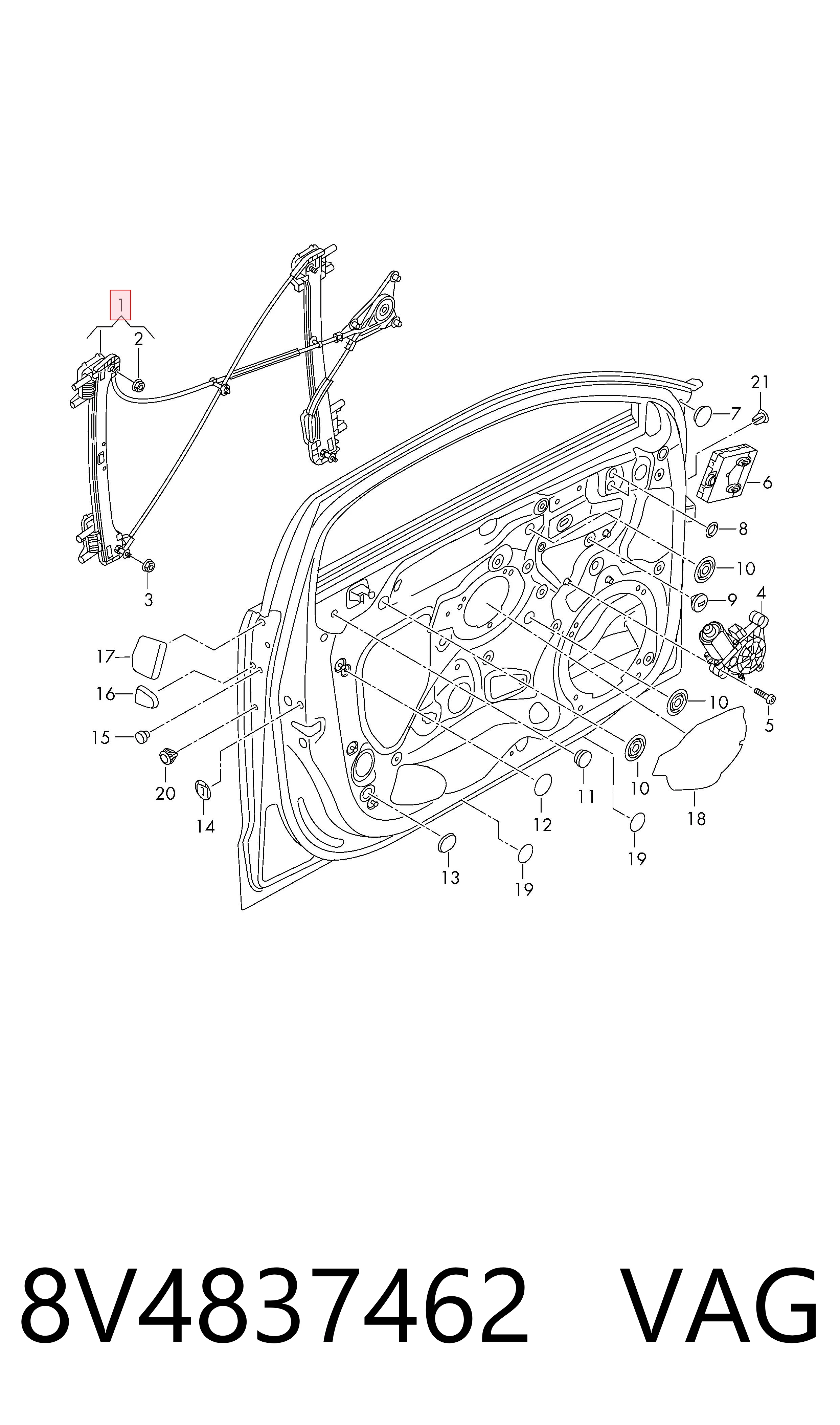 Mechanizm podnoszenia szyby drzwi przednich prawych do Audi A3  8VS, 8VM